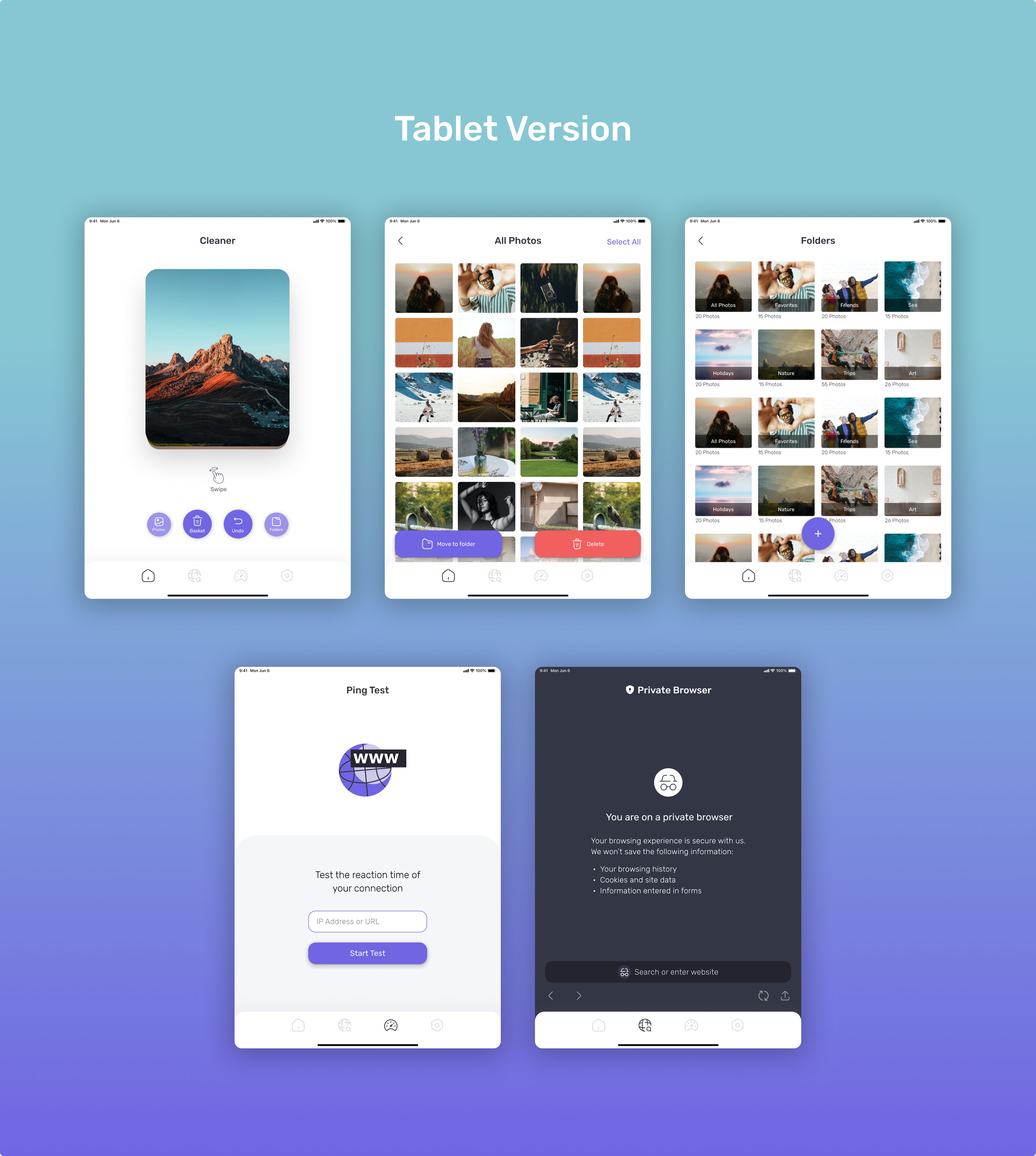 Photo Cleaner & Network Test - iOS Tablet App UX/UI Design