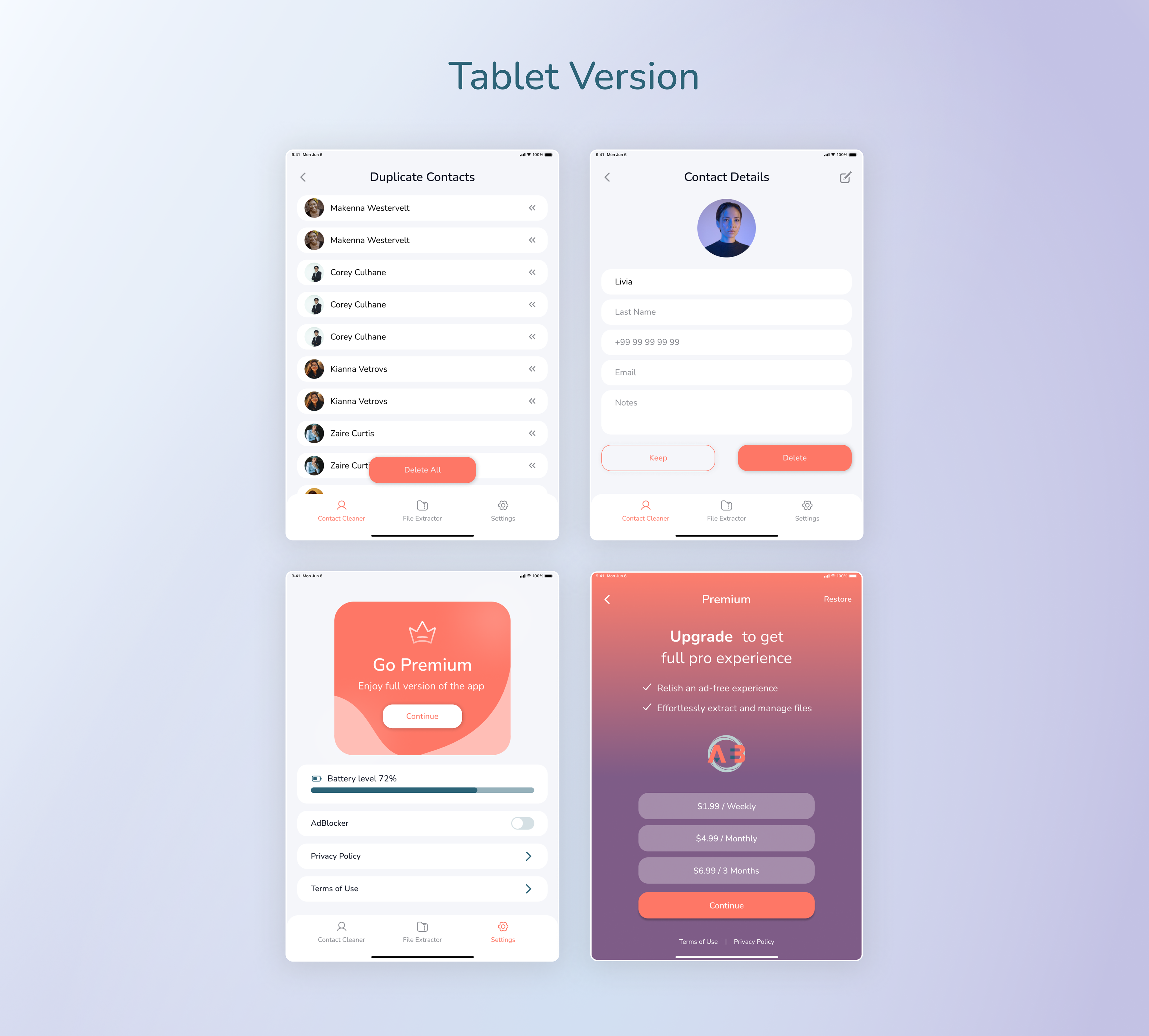 File Extractor & Contact Cleaner iOS App UX/UI Tablet App Design
