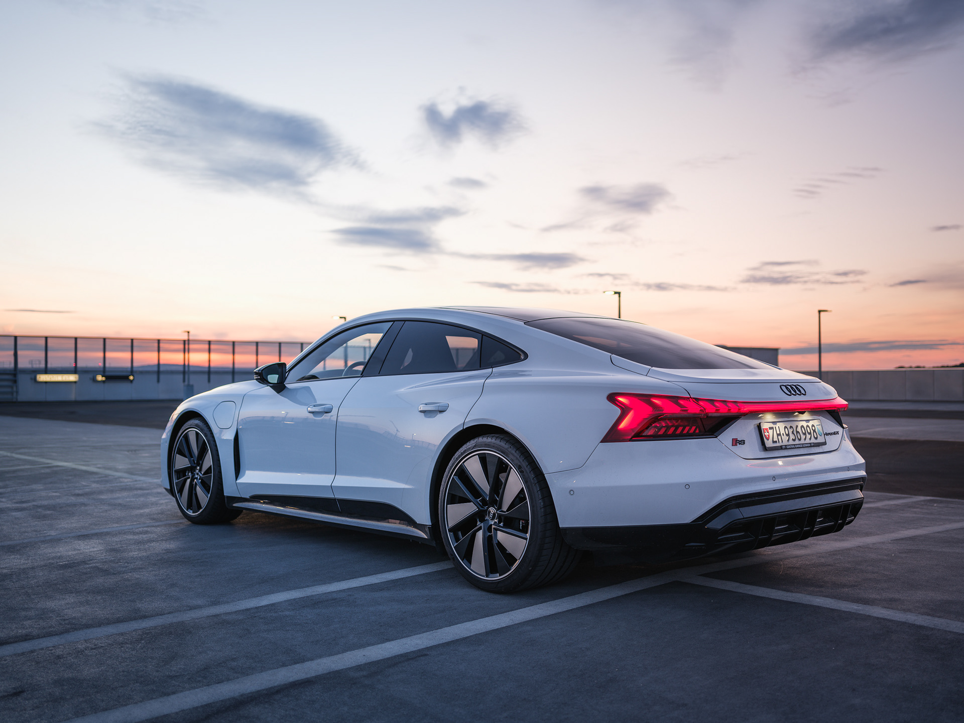 Audi e-tron GT RS Rear Three Quarter Shot at Sunset