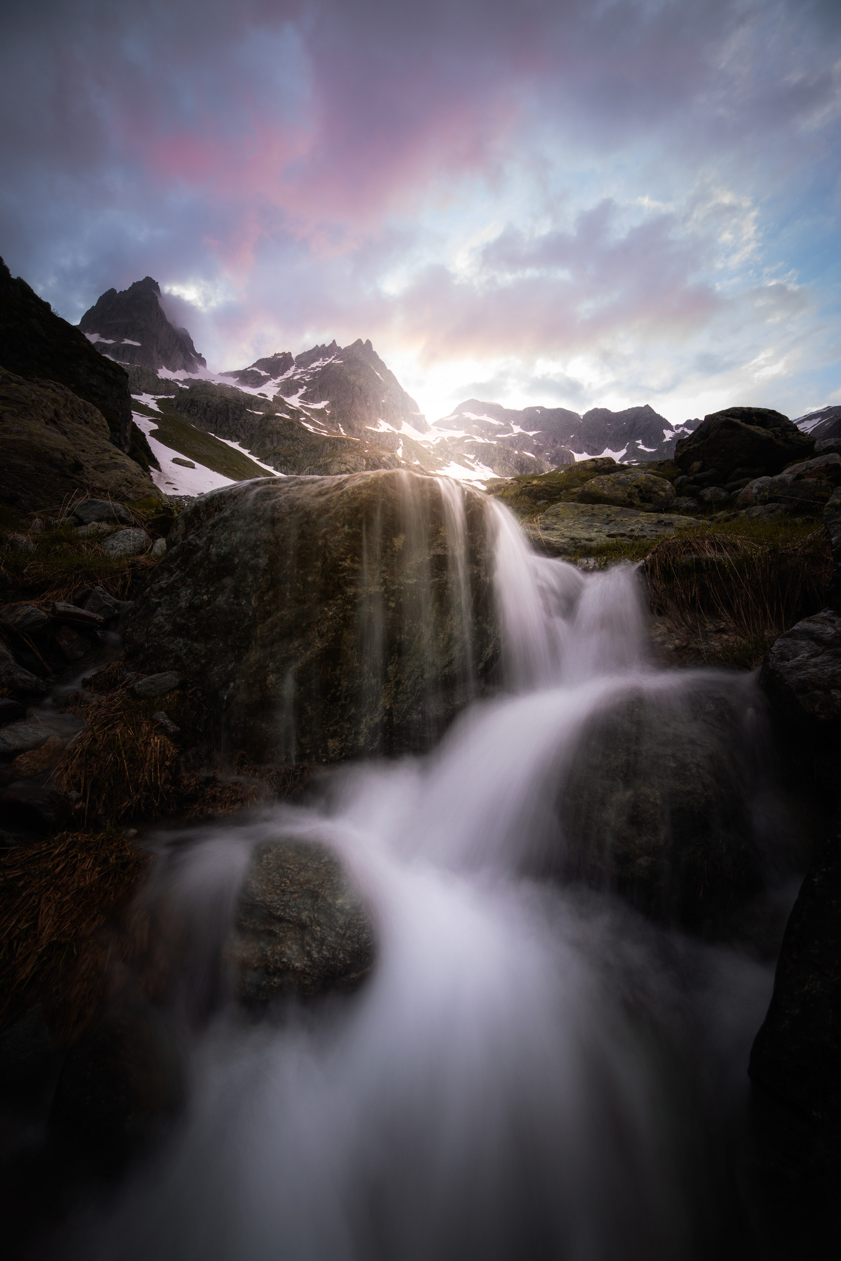 Waterfall at Susten Mountain – Sunset Clouds Swiss Alps