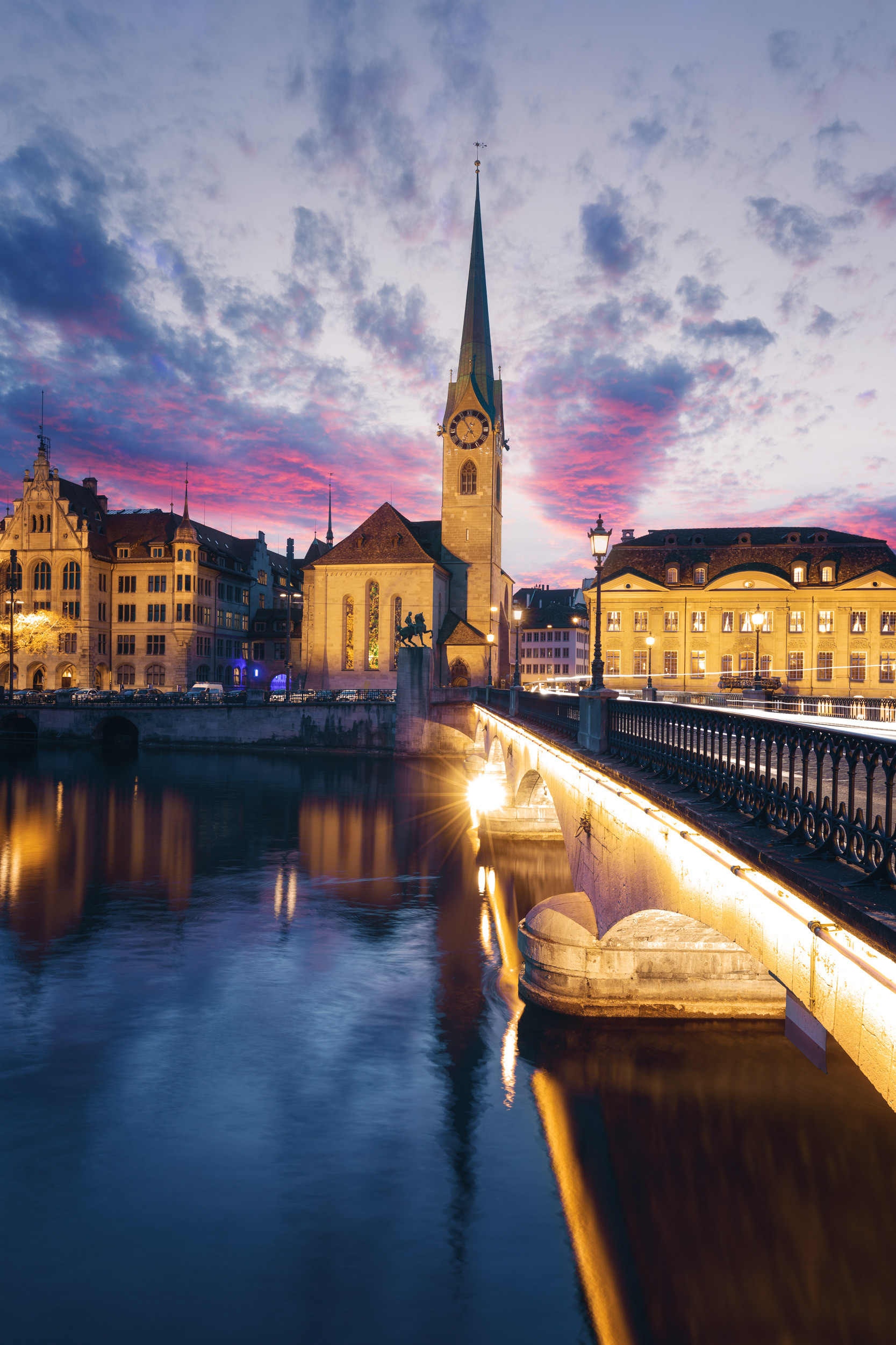 Burning Sky Sunset in Zurich – Downtown City Reflection, Switzerland