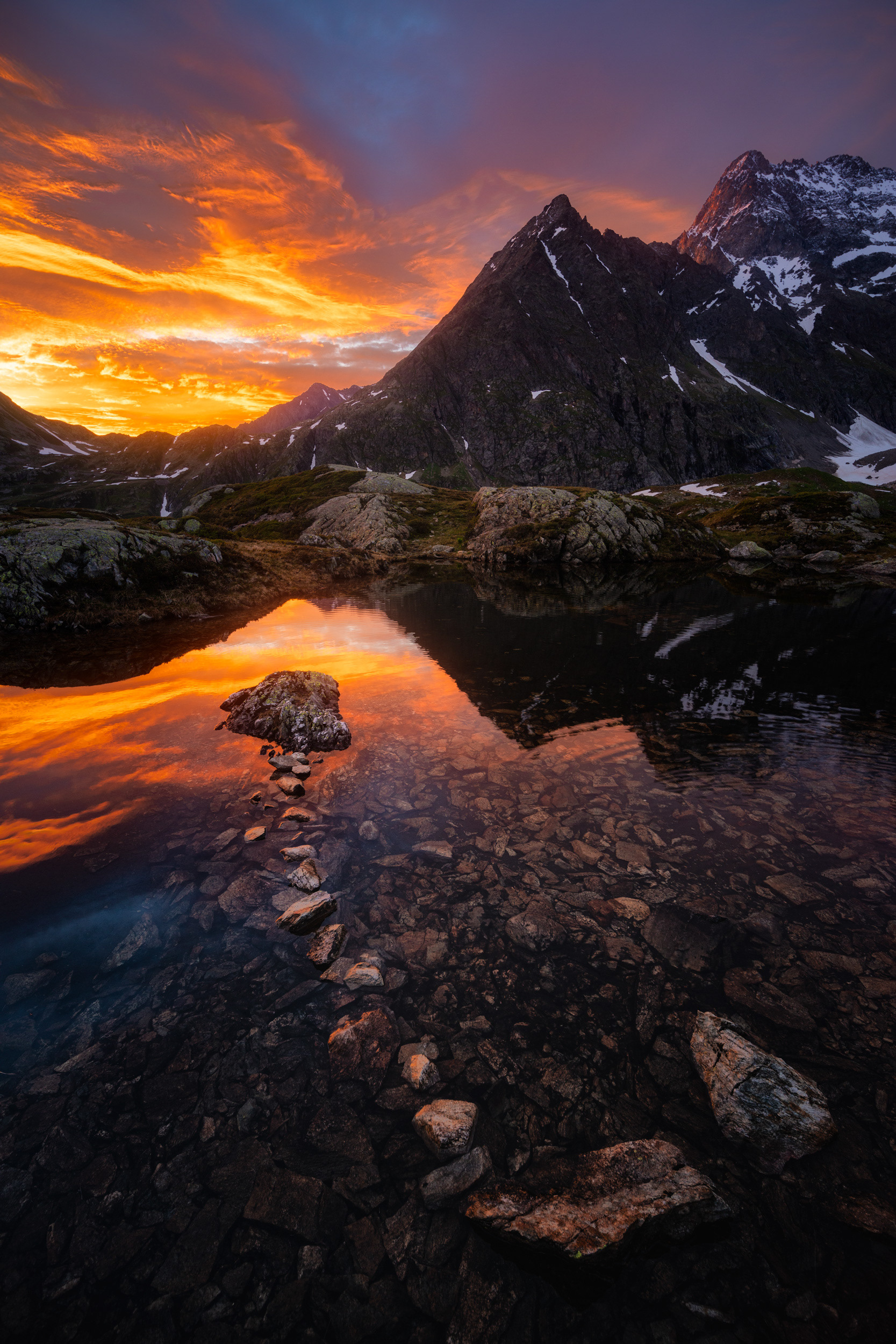 Sunrise Reflection, Burning Sky – Lake at Susten Mountain, Switzerland