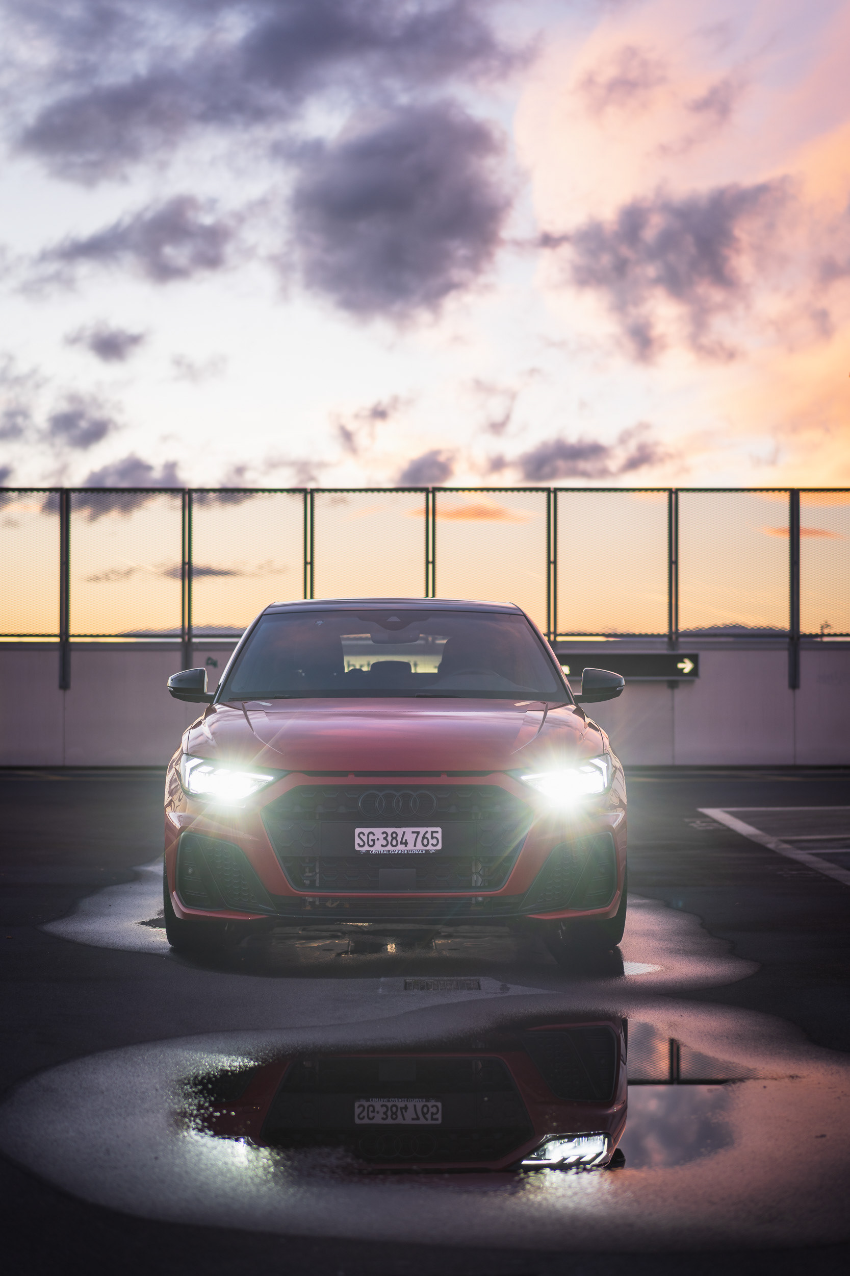 Audi A1 Sportback Front View with Reflection at Golden Hour