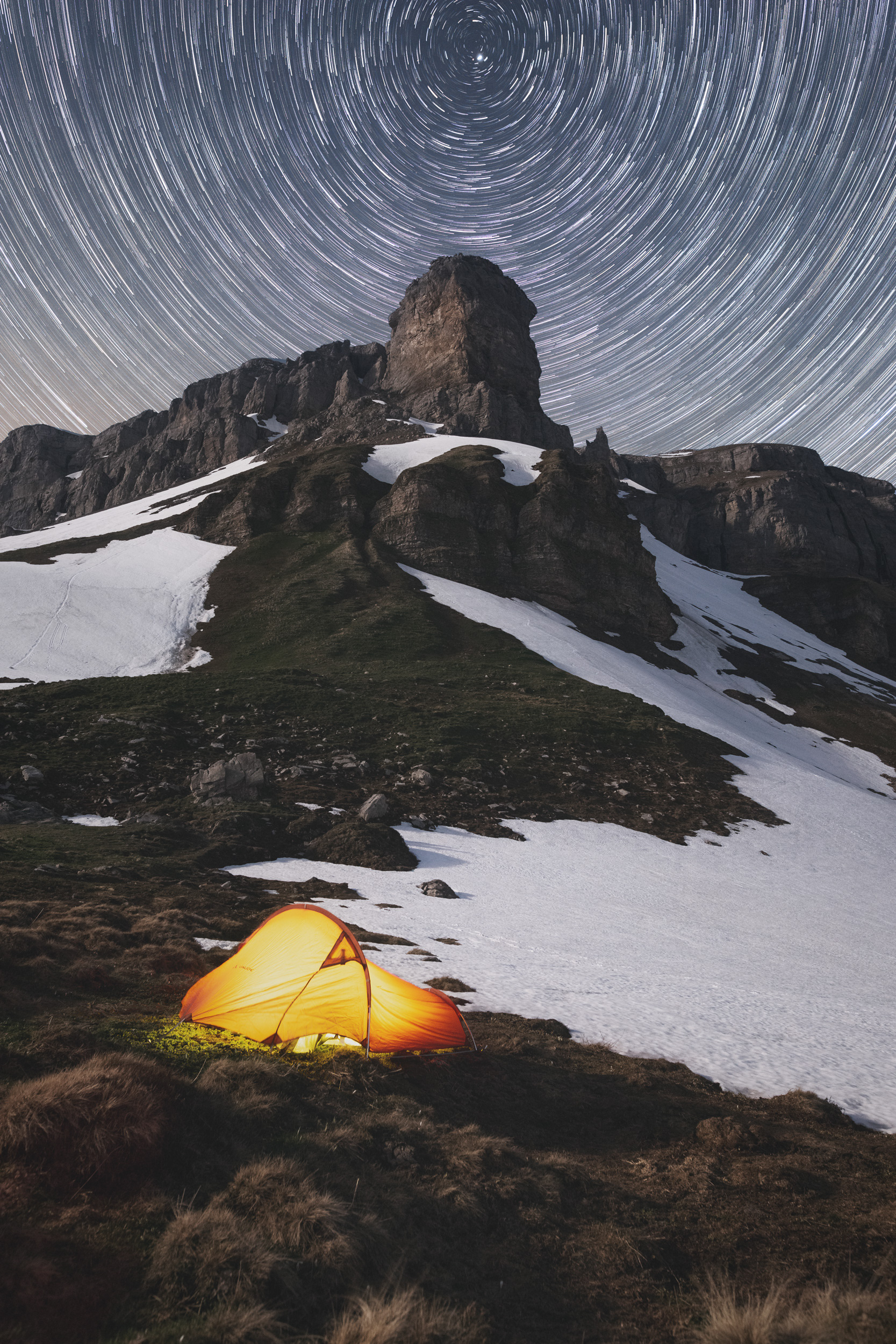 Star Trails Over Klausenpass With Tent
