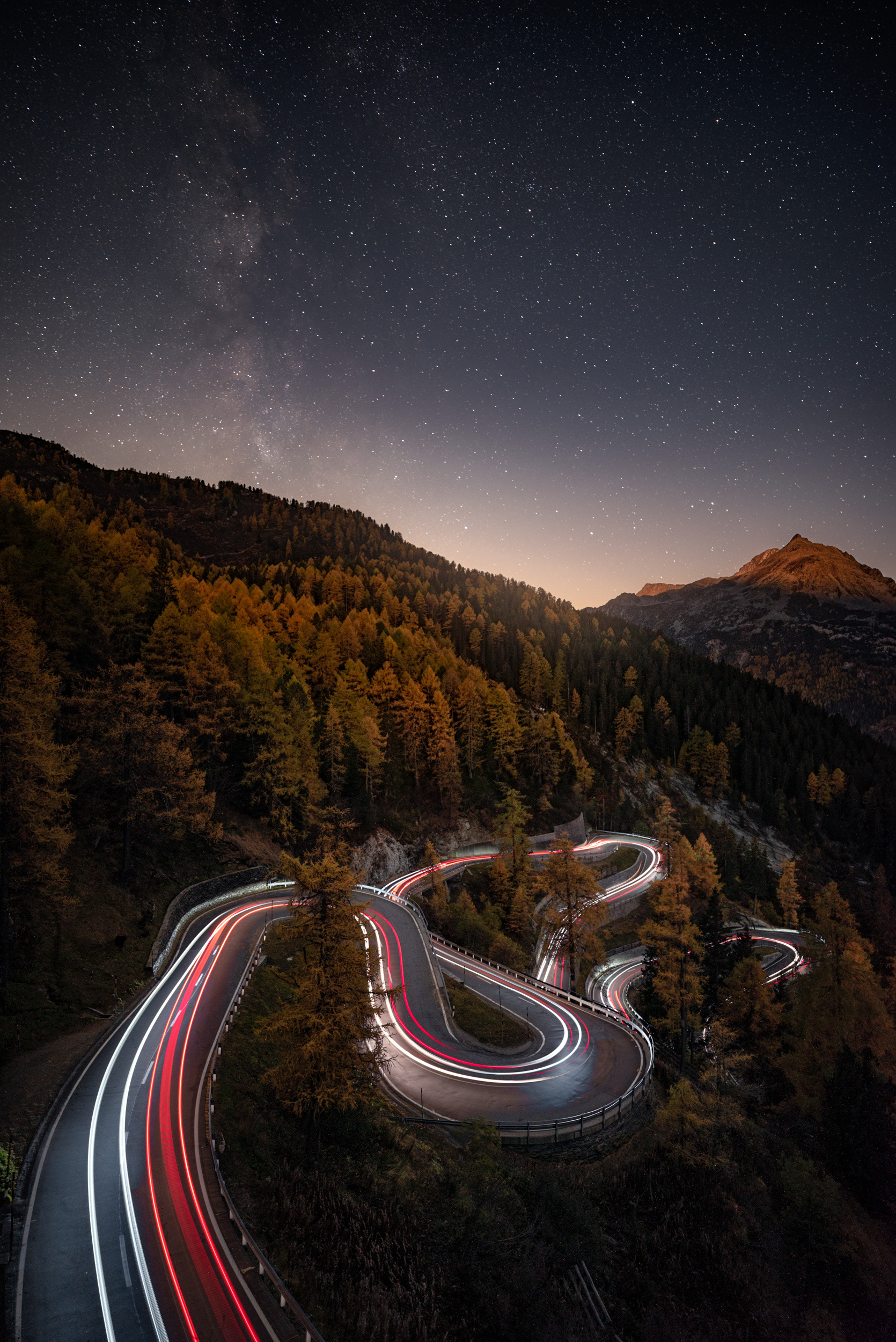 Milky Way Over Maloja Pass and Light Trails