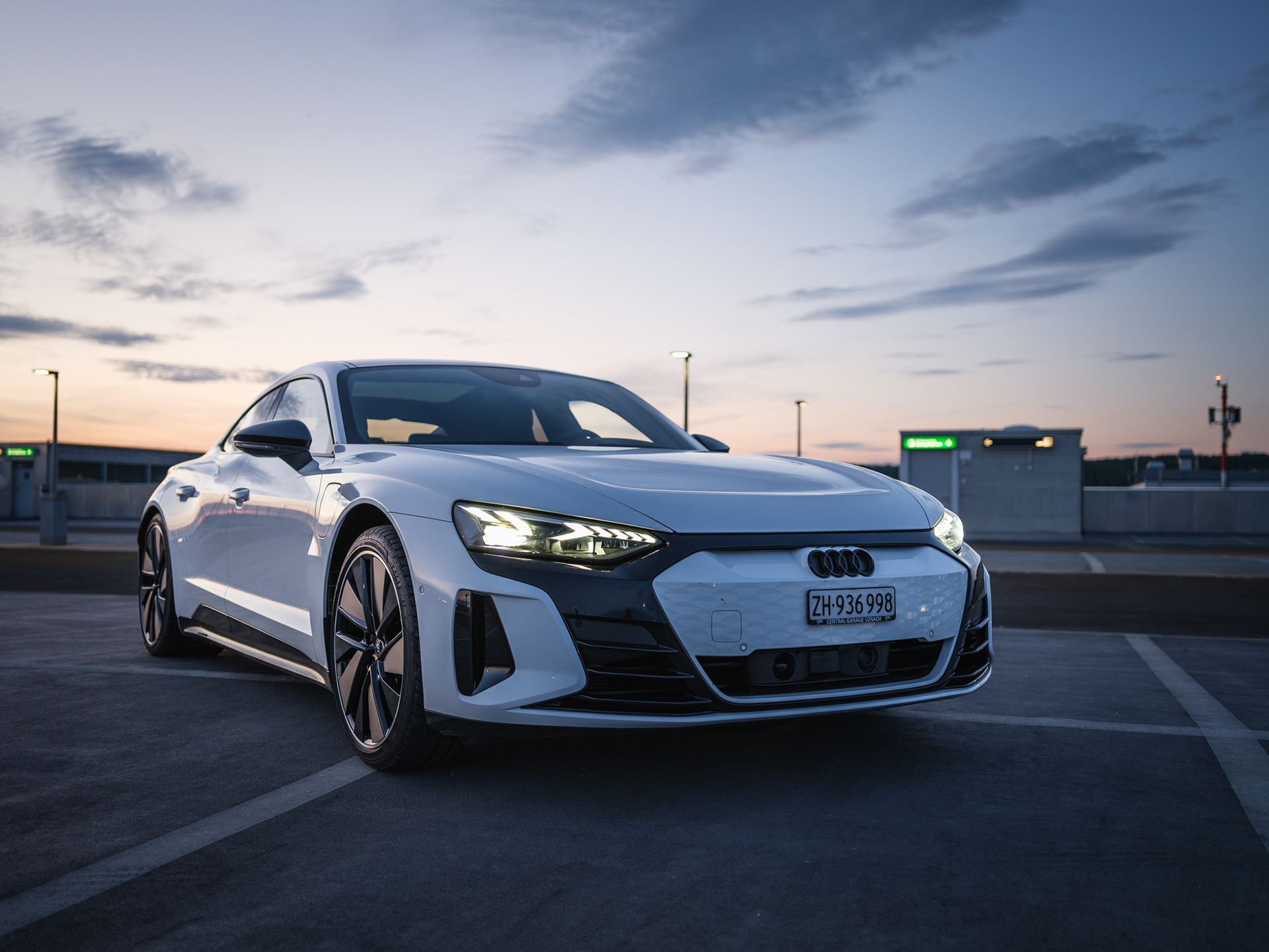 Audi e-tron GT RS Front Three Quarter at Blue Hour