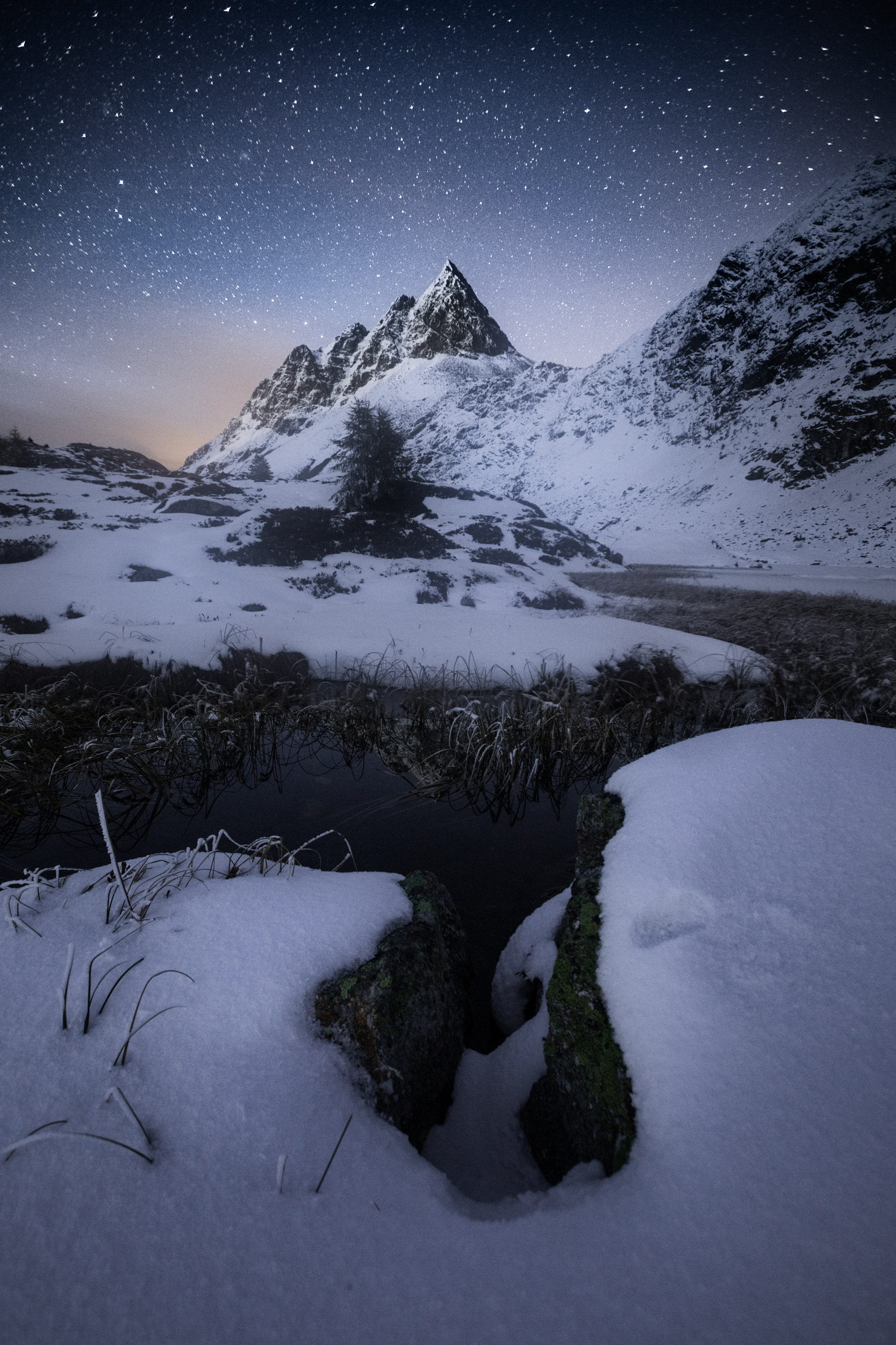 Frozen Winter Lake Albula Under the Stars