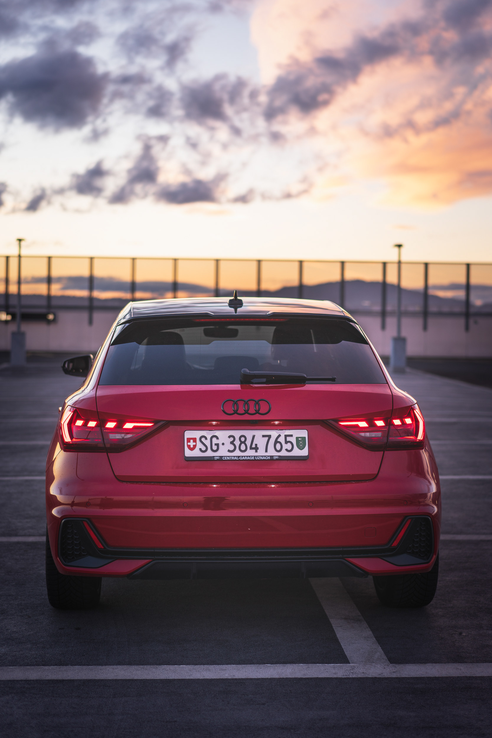 Audi A1 Sportback Rear View at Sunset on Rooftop
