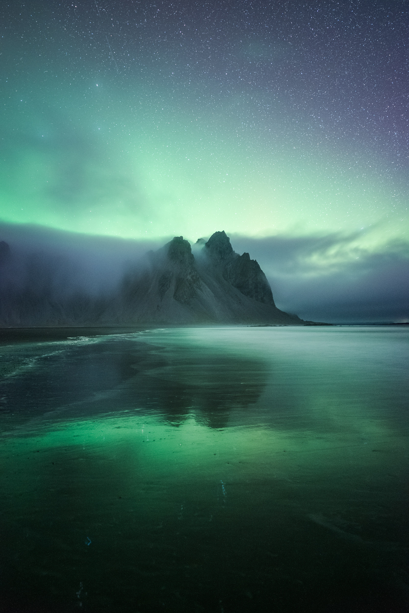 Northern Lights Over Stokksnes Lagoon