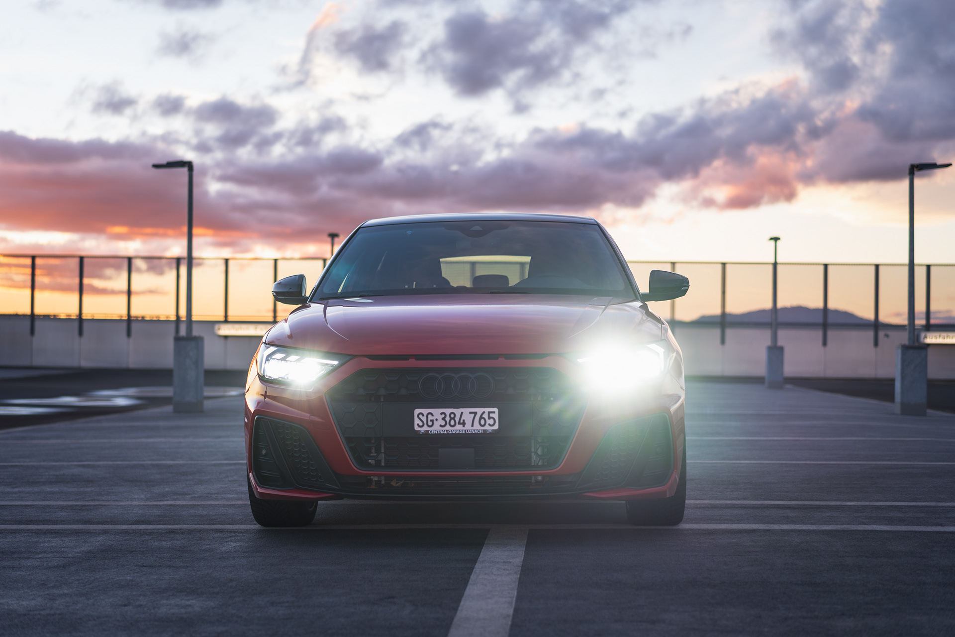 Audi A1 Sportback Front View on Rooftop at Sunset
