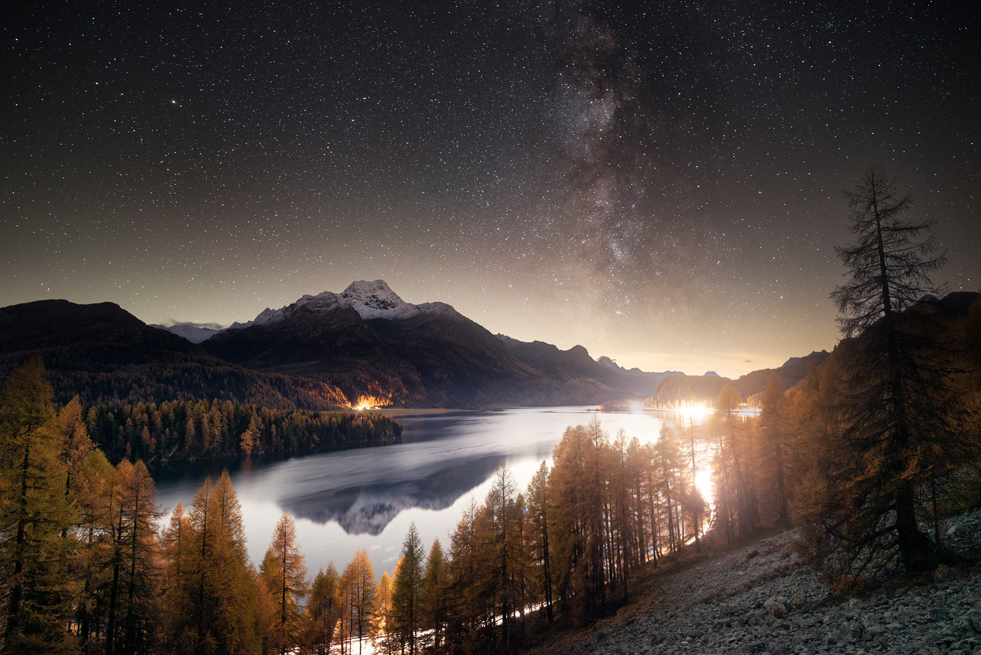 Foggy Night Over Lake Sils and Milky Way