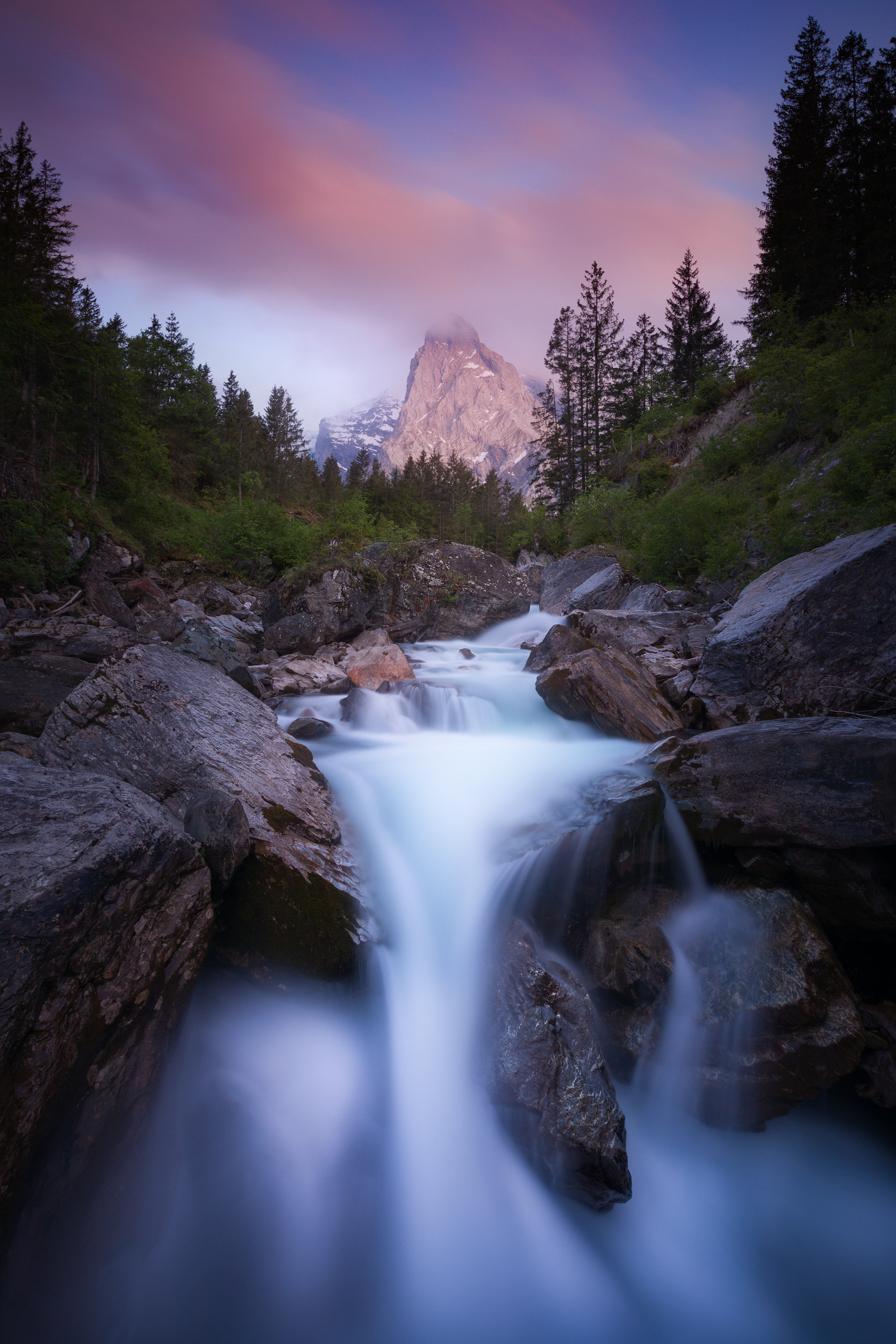 Rosenlaui Waterfall at Sunset – Swiss Alps Landscape