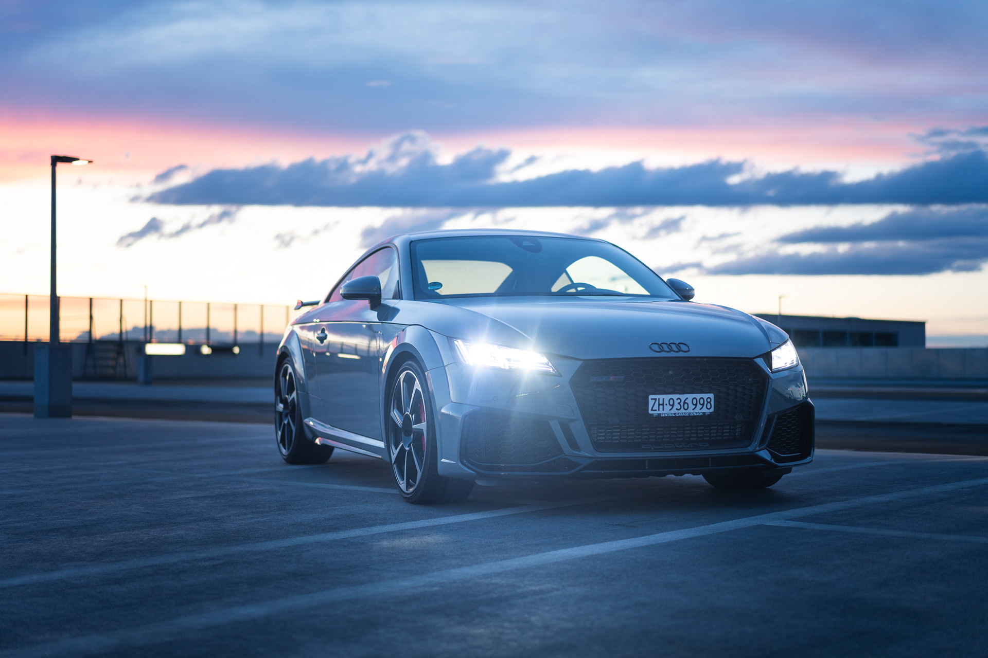 Audi TT RS Front Three-Quarter View at Blue Hour