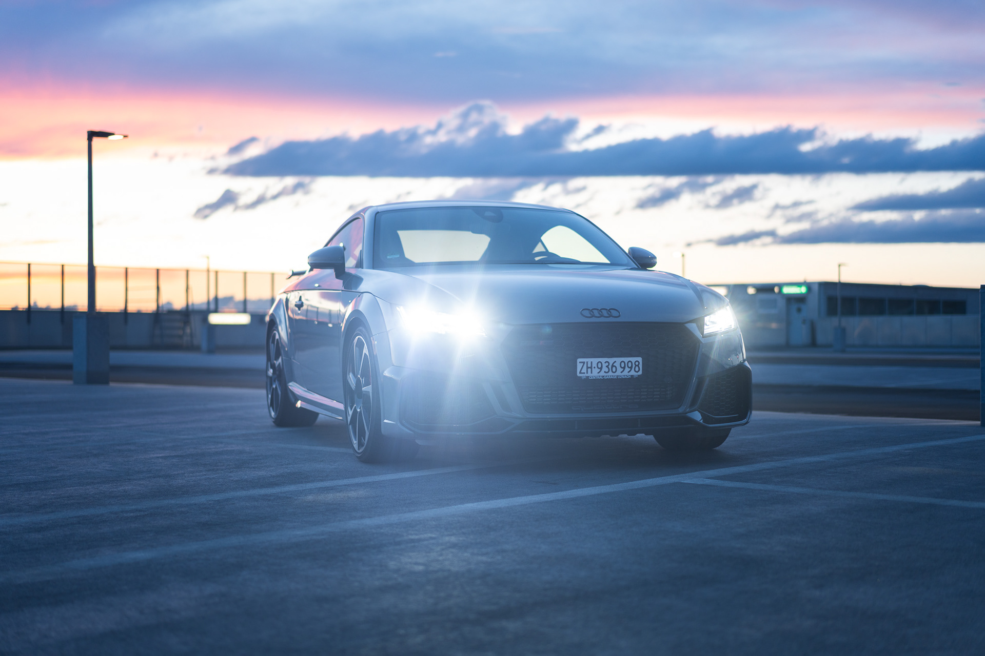 Audi TT RS Front Perspective with Headlights On