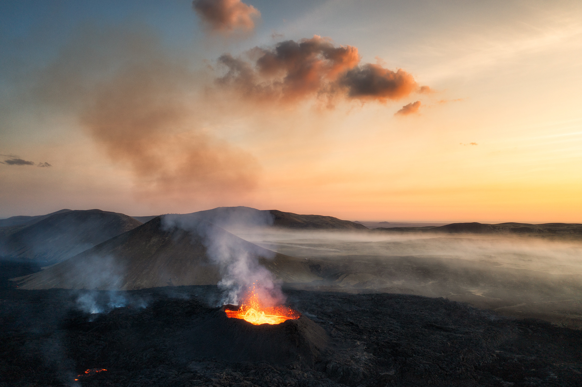 Iceland Volcano Erupting at Sunset – Dramatic Lava Landscape