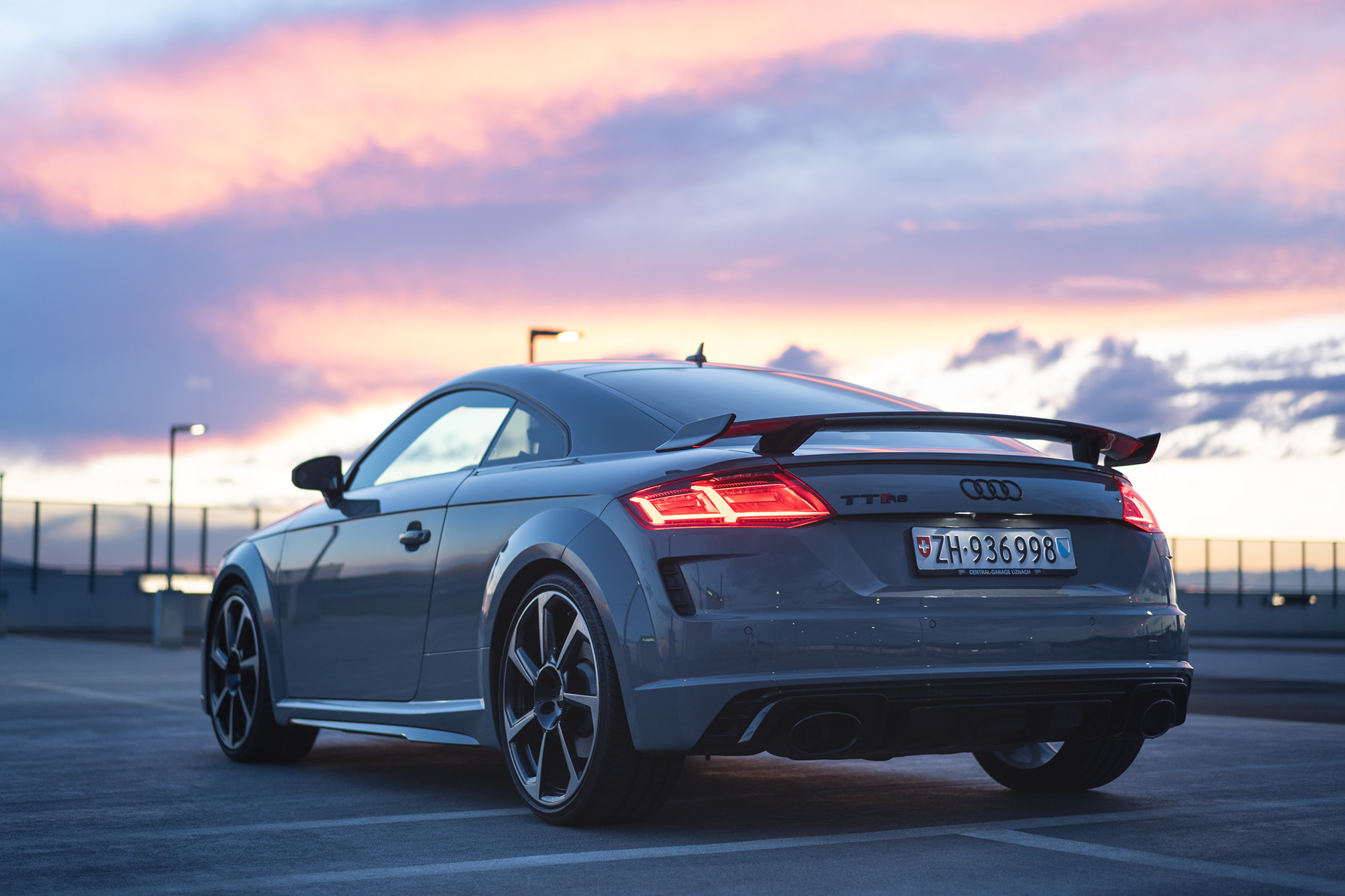 Audi TT RS Rear Three-Quarter Perspective at Sunset