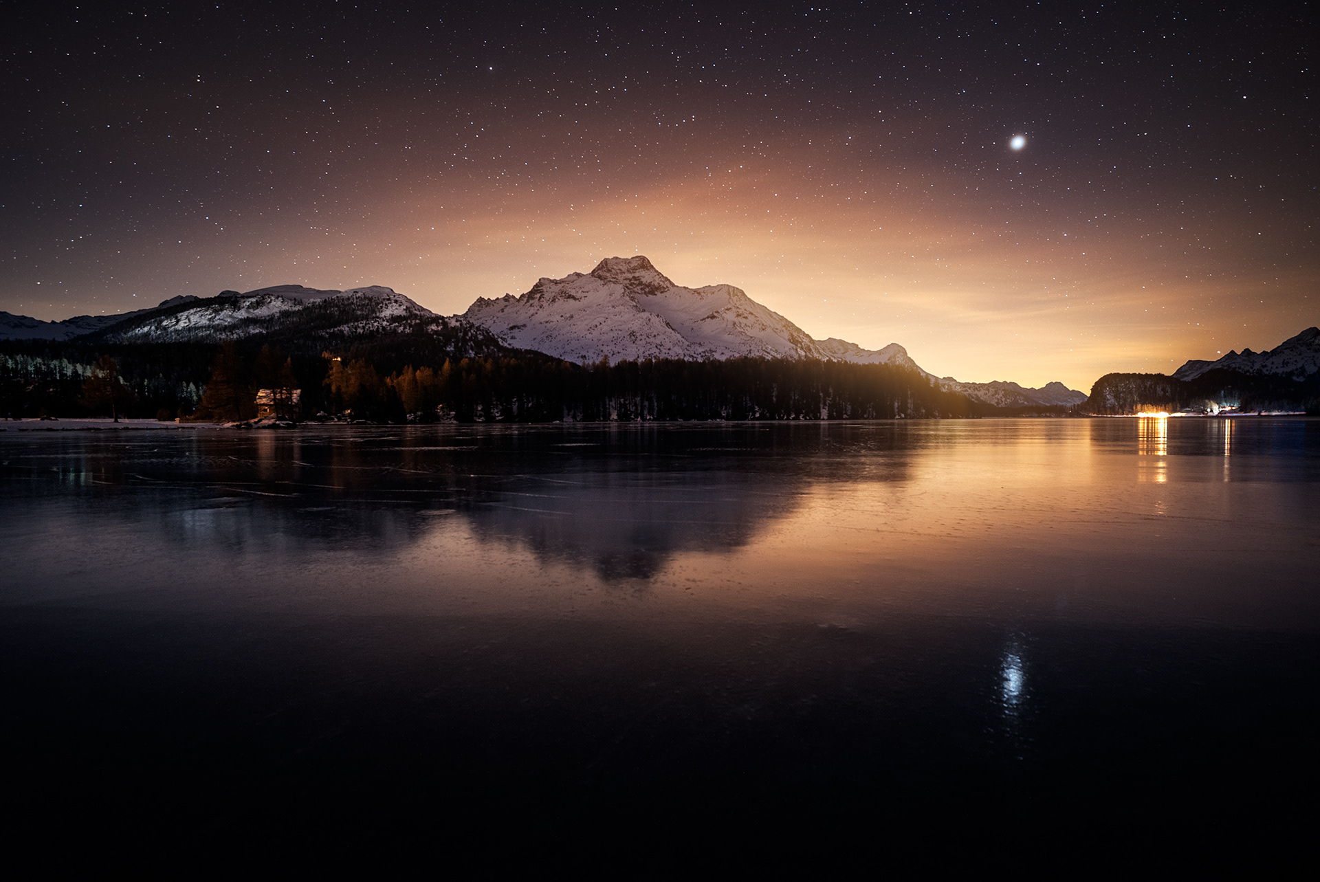Lake Sils at Night with Star Reflection