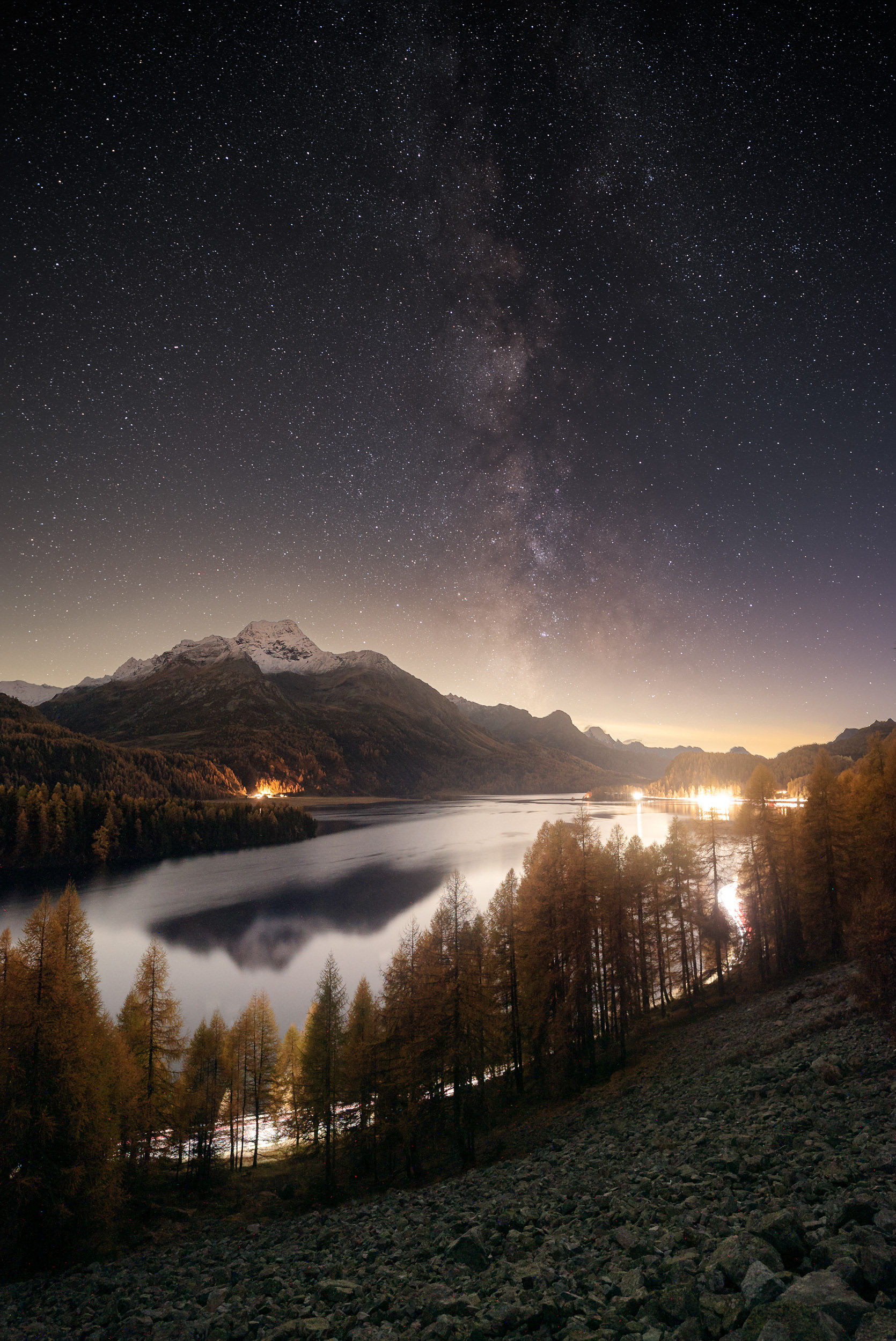 Milky Way Over Lake Sils and Autumn Larches