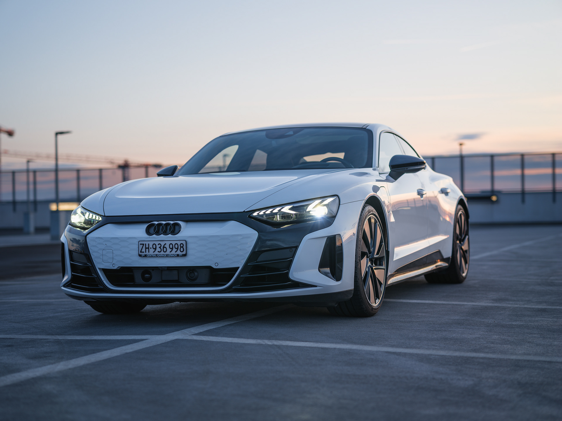 Audi e-tron GT RS on Rooftop at Sunset Glow