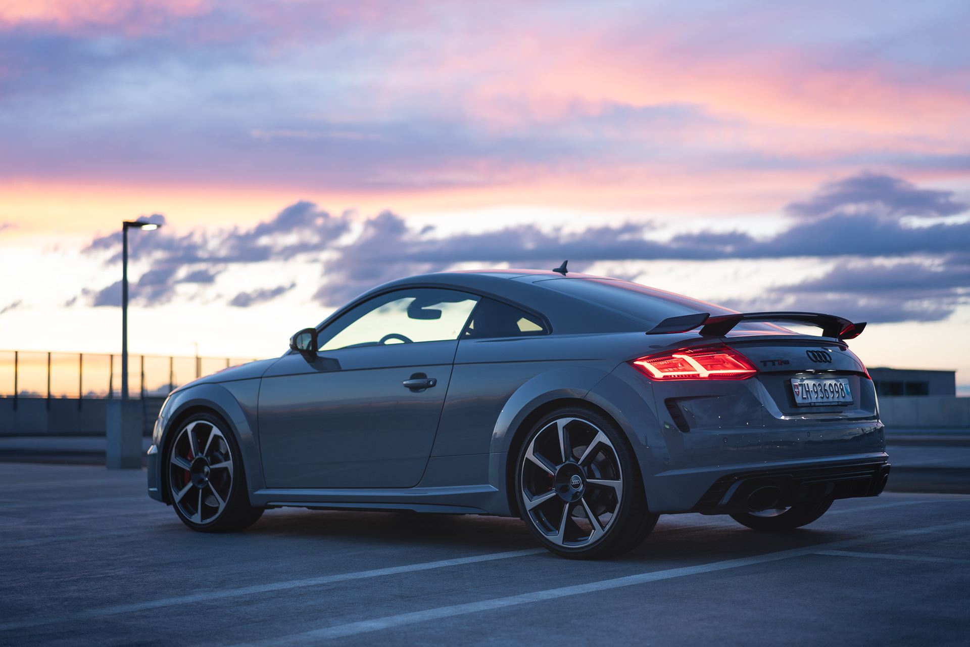 Audi TT RS Side Profile on Rooftop at Golden Hour