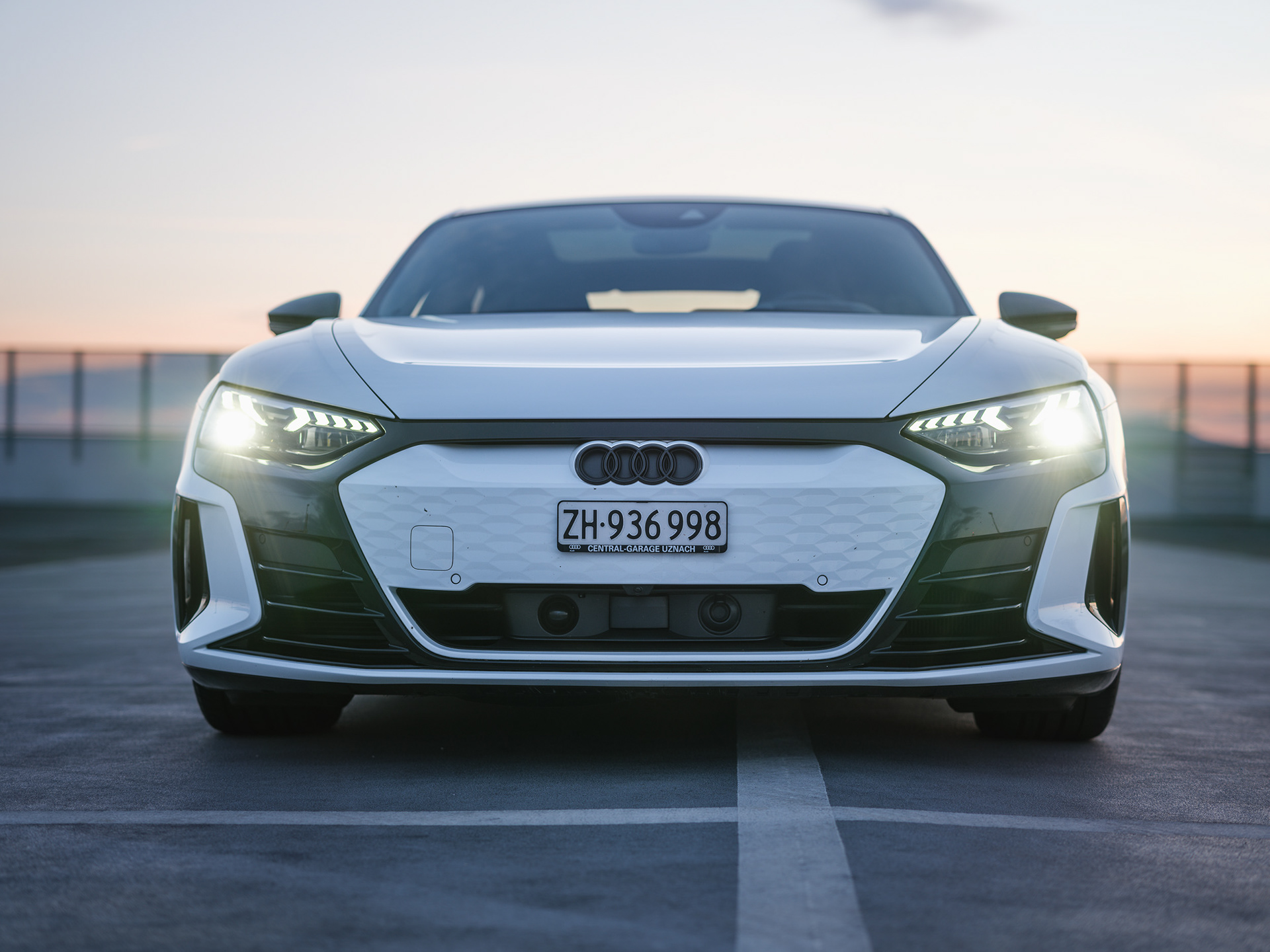 Front View of the Audi e-tron GT RS on Rooftop Parking Deck