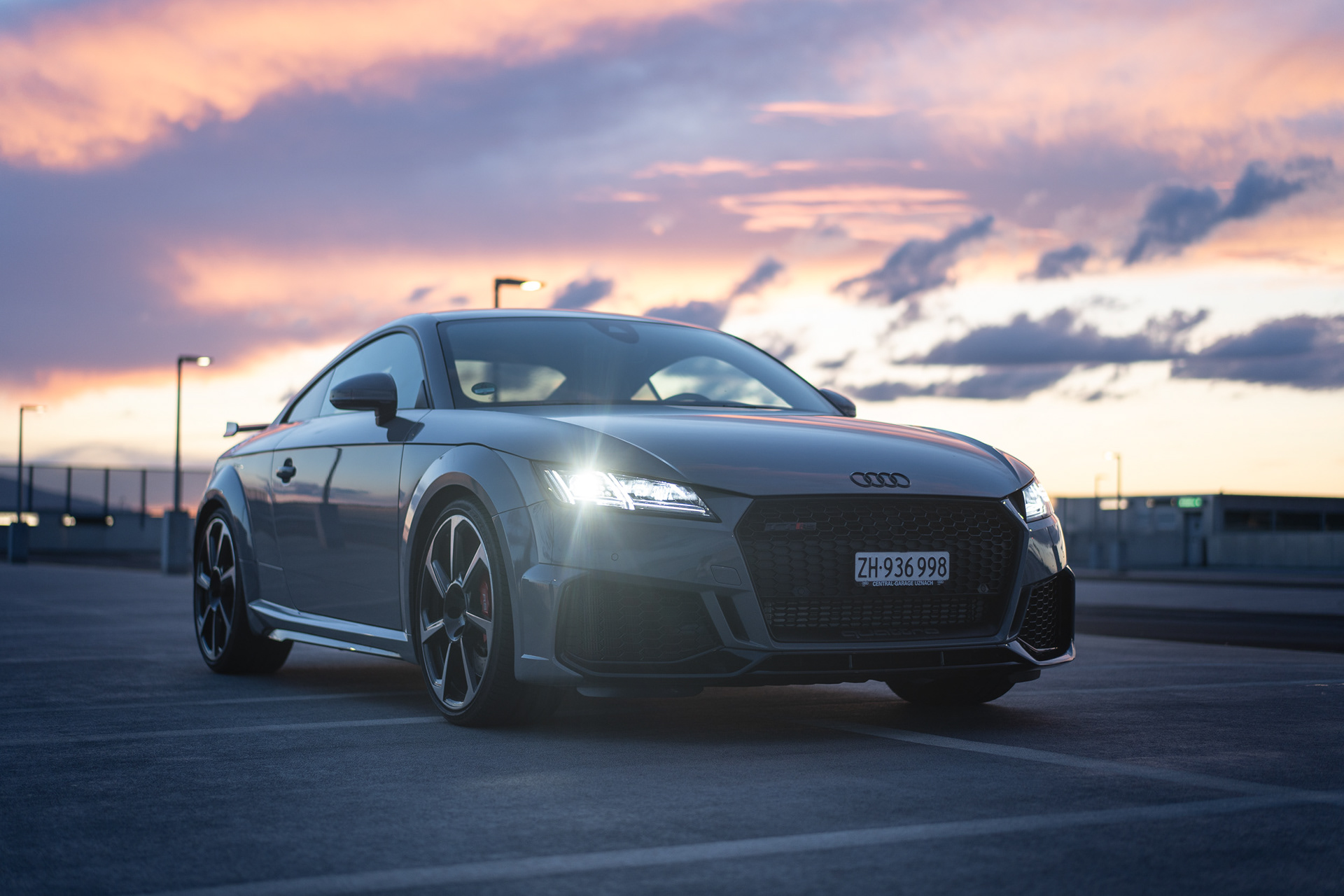 Audi TT RS Front View on Rooftop at Sunset