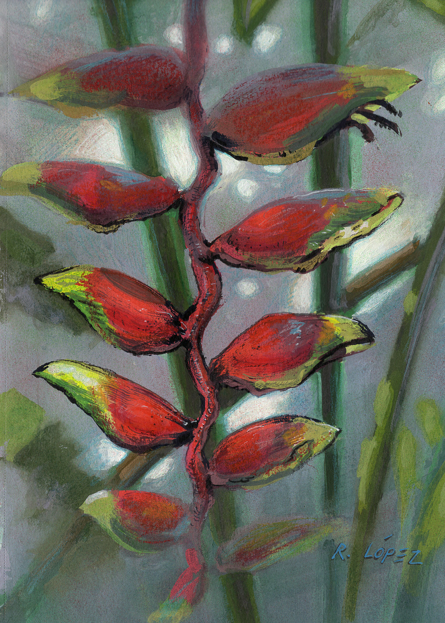Hanging Lobster Claw. Casein and Mixed Media. 7x5 inches.