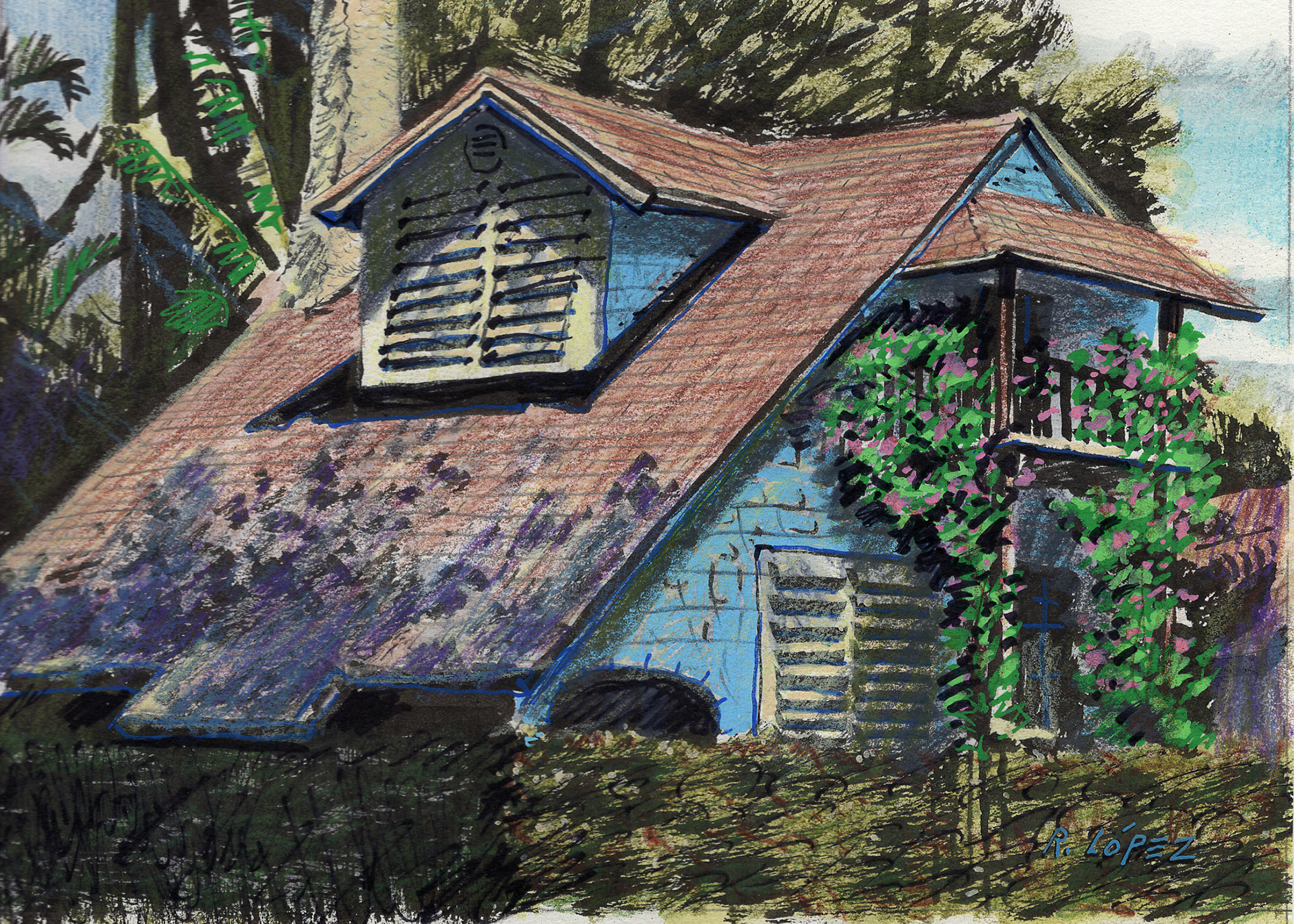Little Havana Bungalow. Ink and Mixed Media. 5x7 inches.