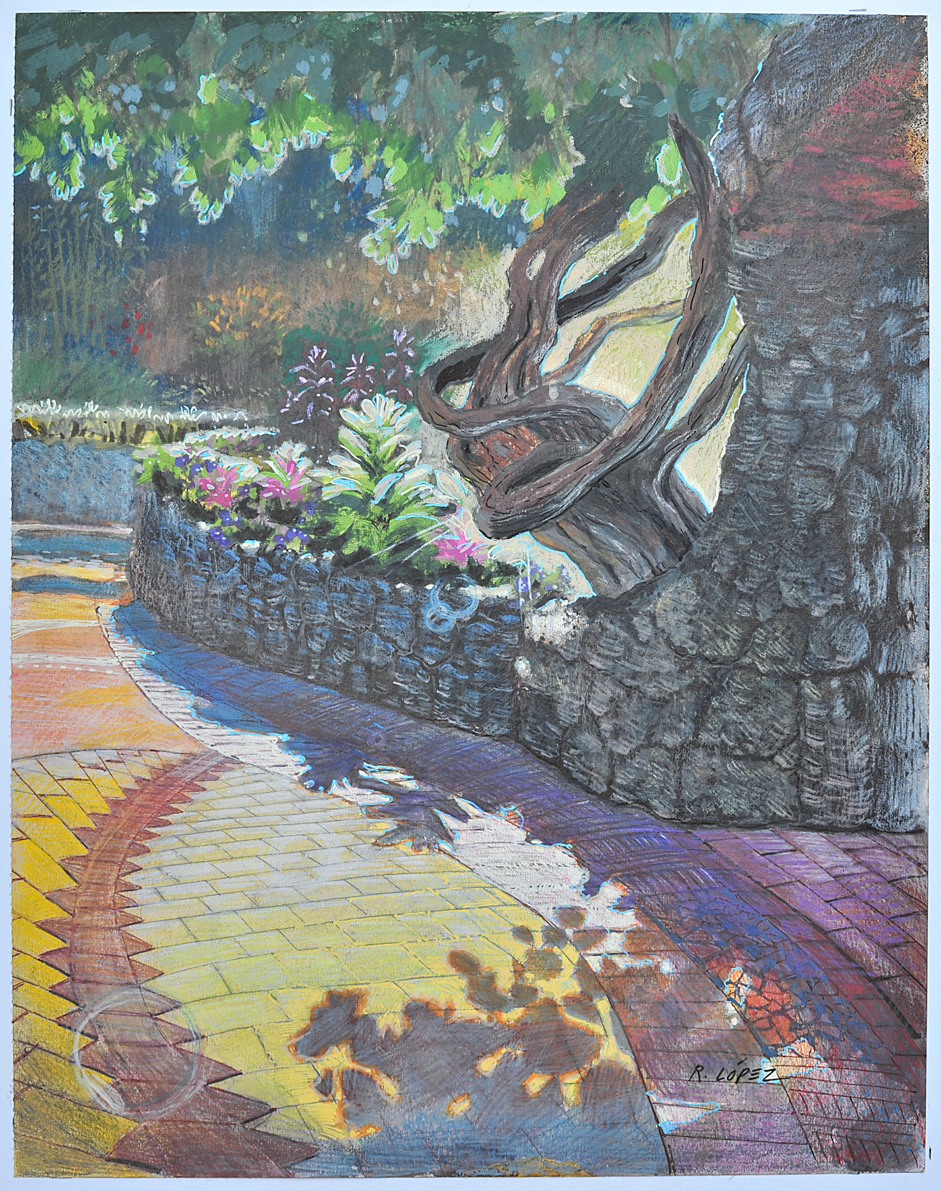 Light & Shadows, Bromeliads and Bougainvilleas. Watercolor and Mixed Media. 14x11 inches.