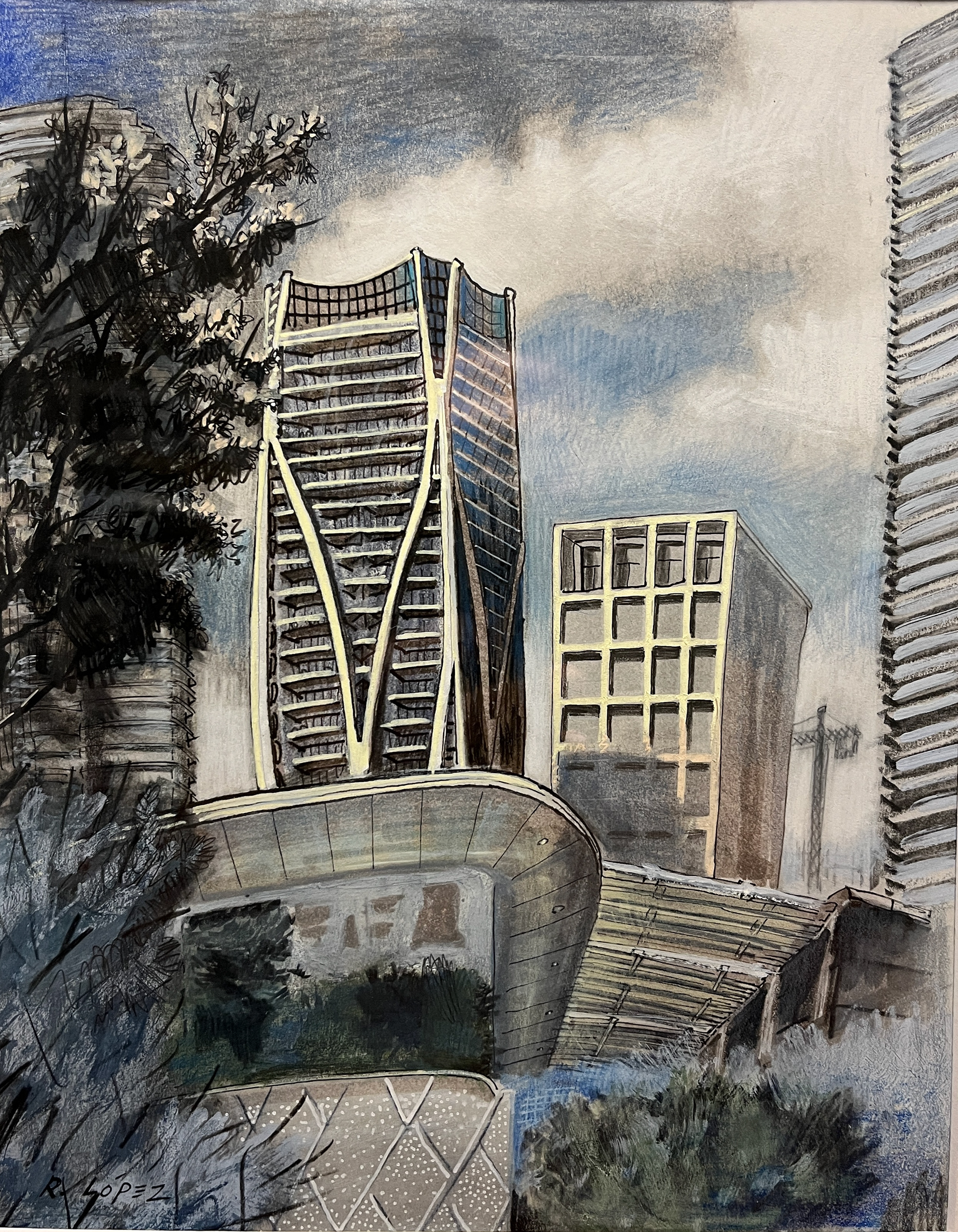 View of the Saha Hadid's ExoSkeleton Tower. Mixed Media. 10x8 inches.