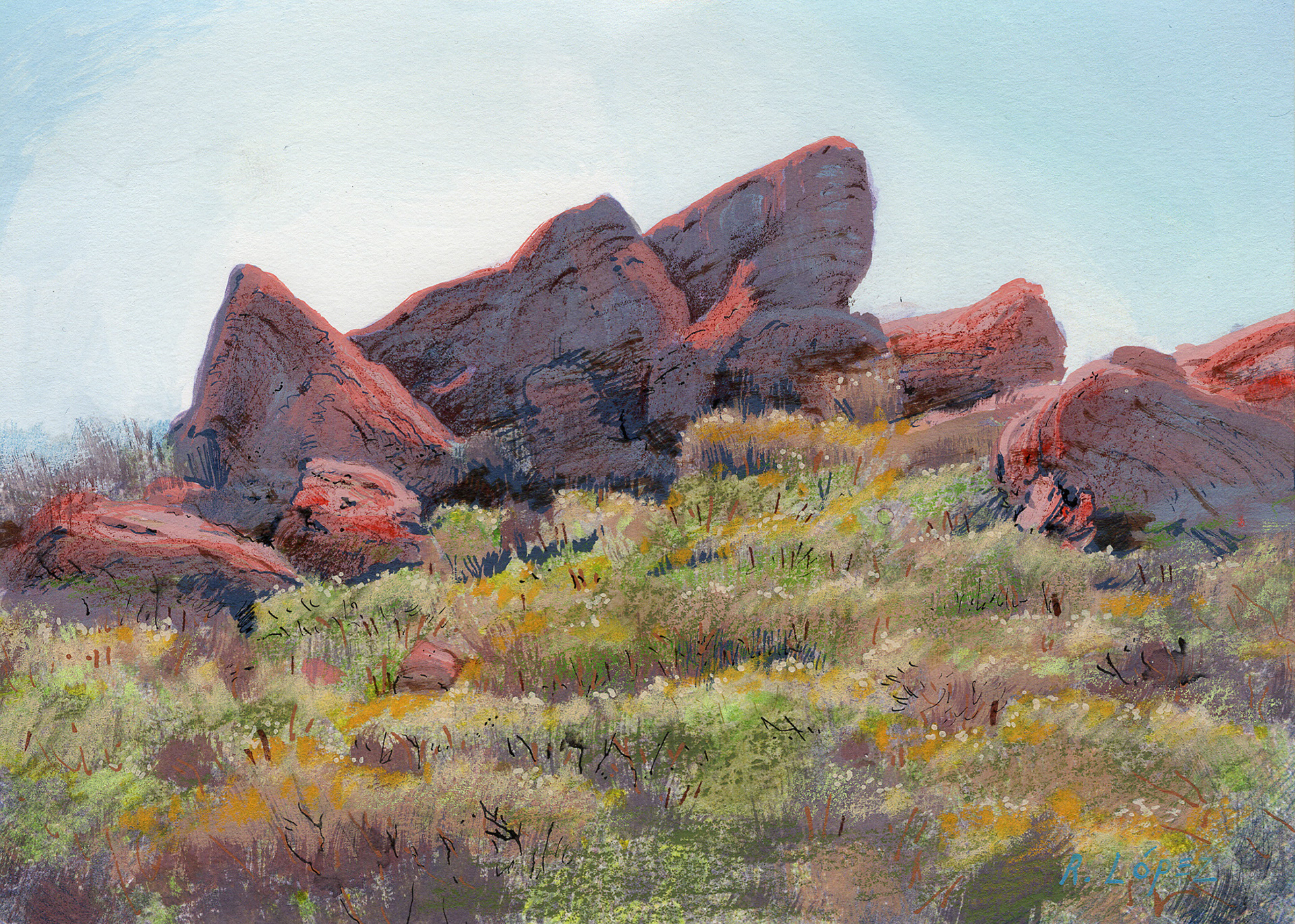 Red Rock No. 3. Mixed Media on Digital Print. 5x7 inches.