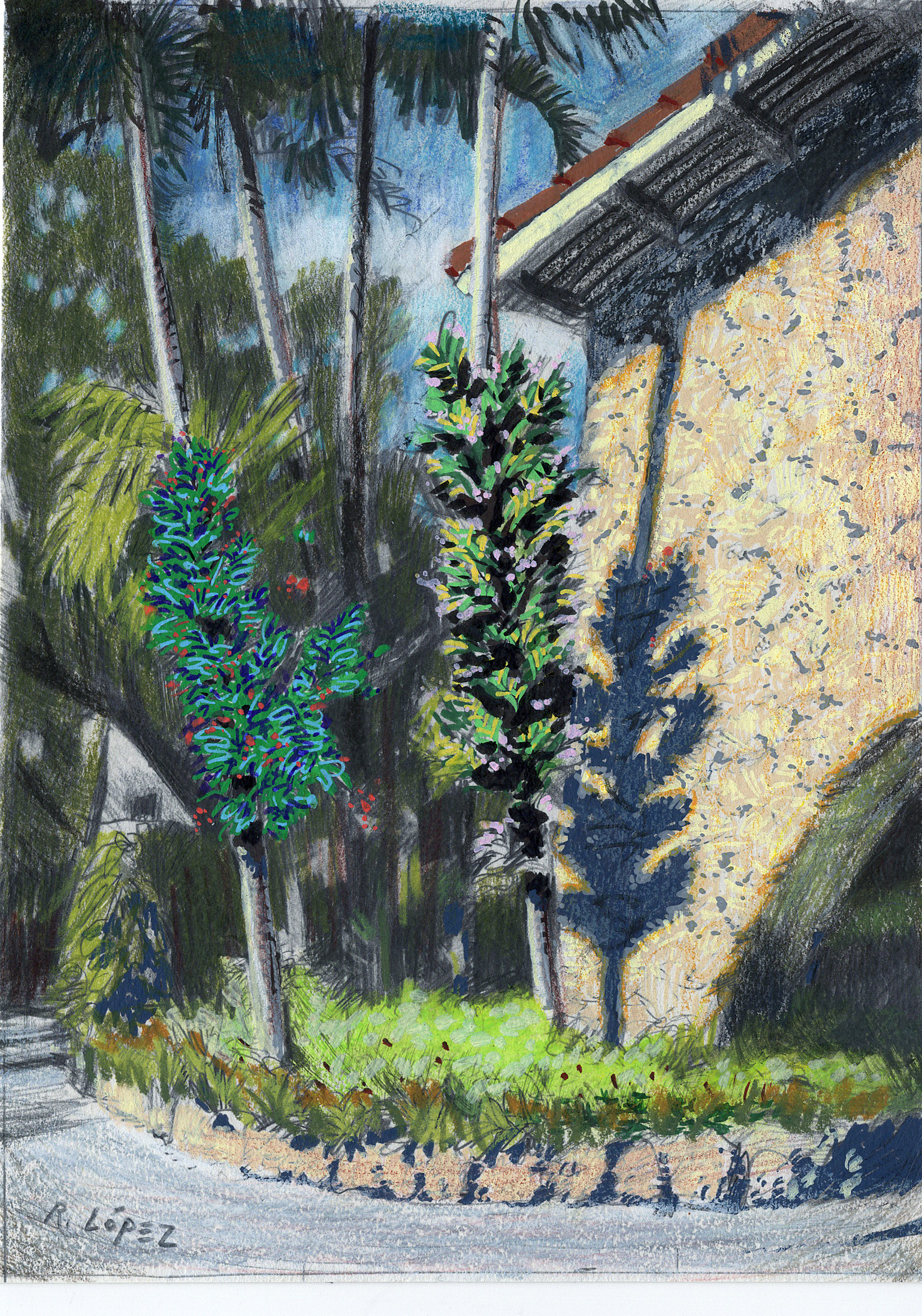 Old Parrot Jungle Main Entrance. Graphite and Mixed Media. 7x5 inches.