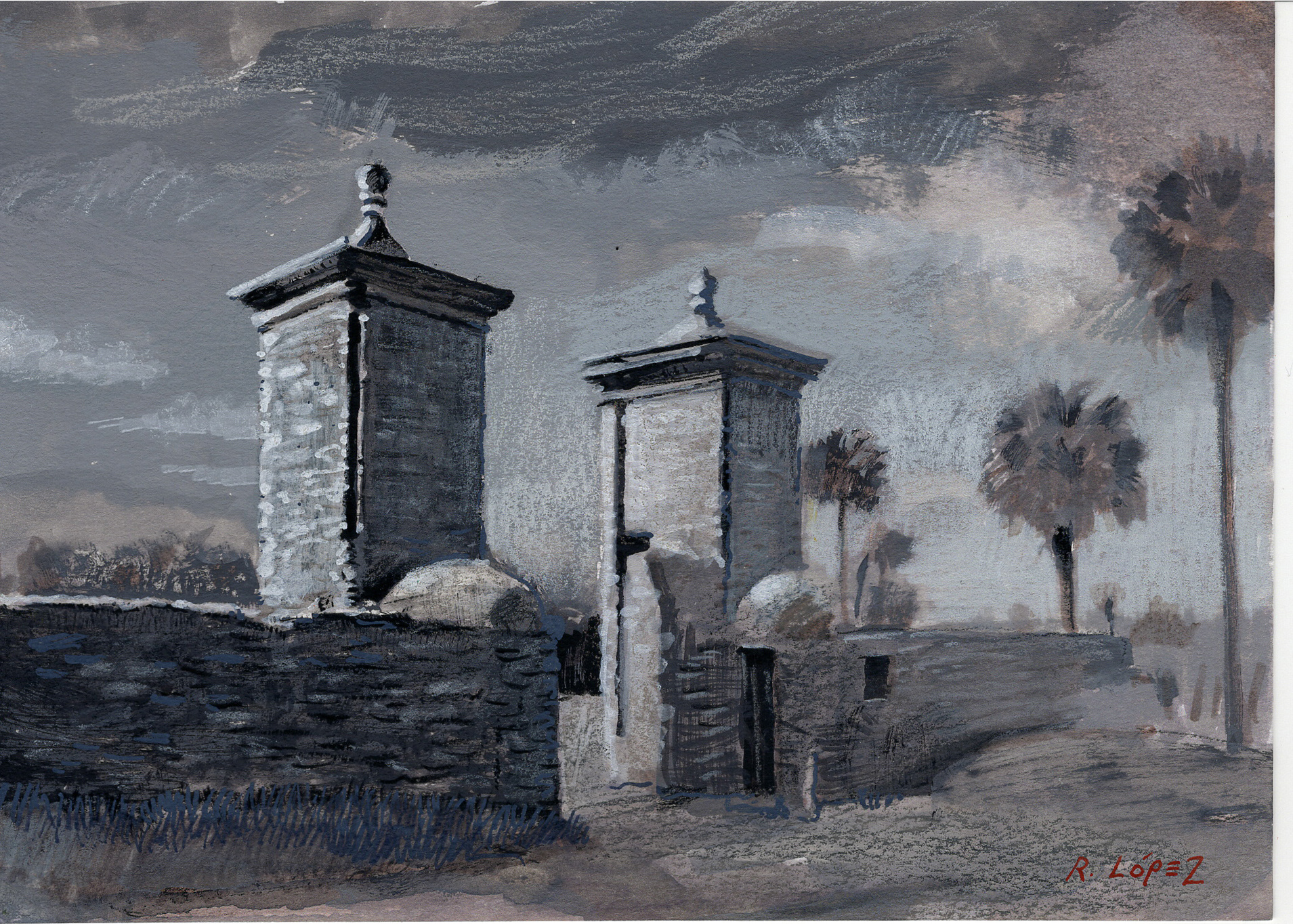 Old City Gate of St. Augustine, FL. Gouache and Mixed Media on Digital Print. 5x7 inches.