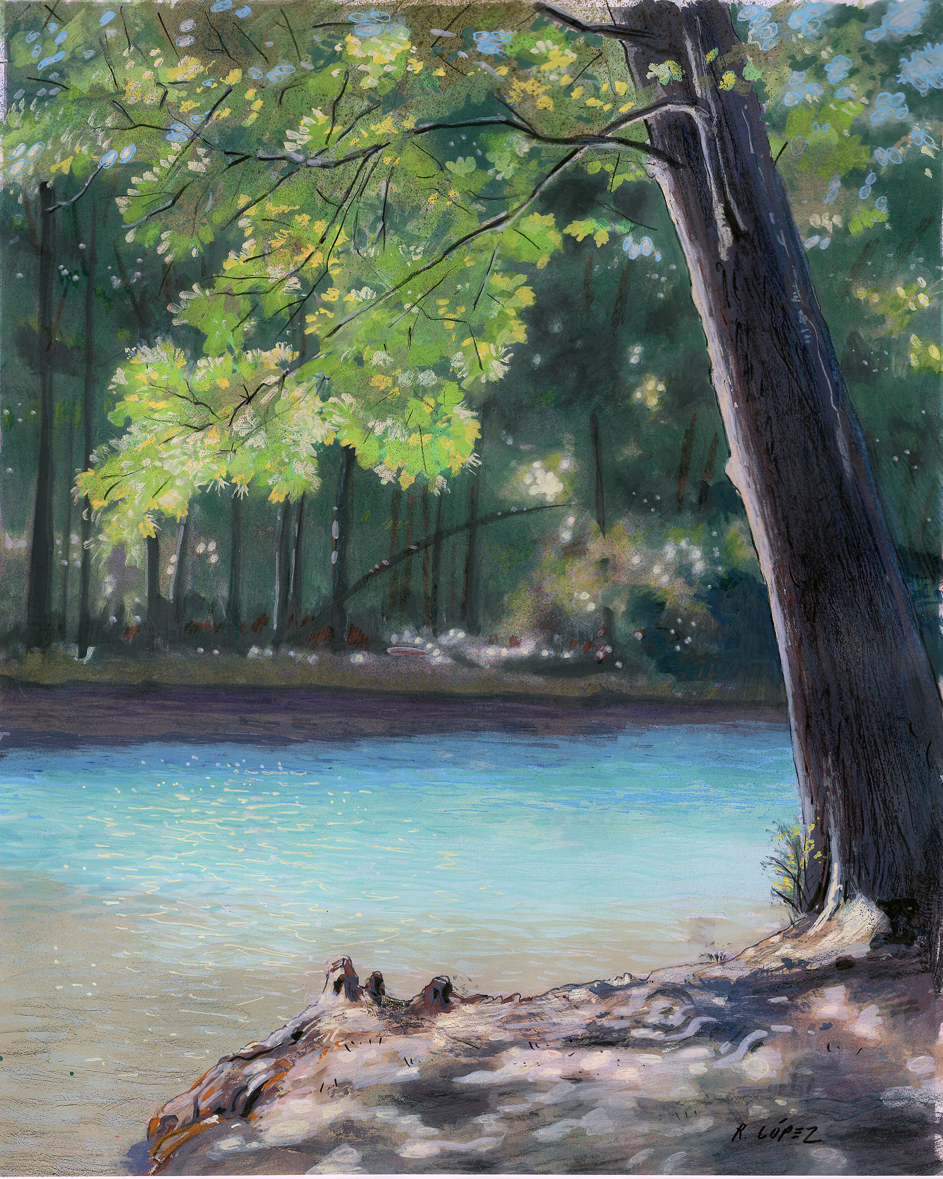 Blue Springs Near Gainesville. Casein and Mixed Media on Digital Print. 10x8 inches.