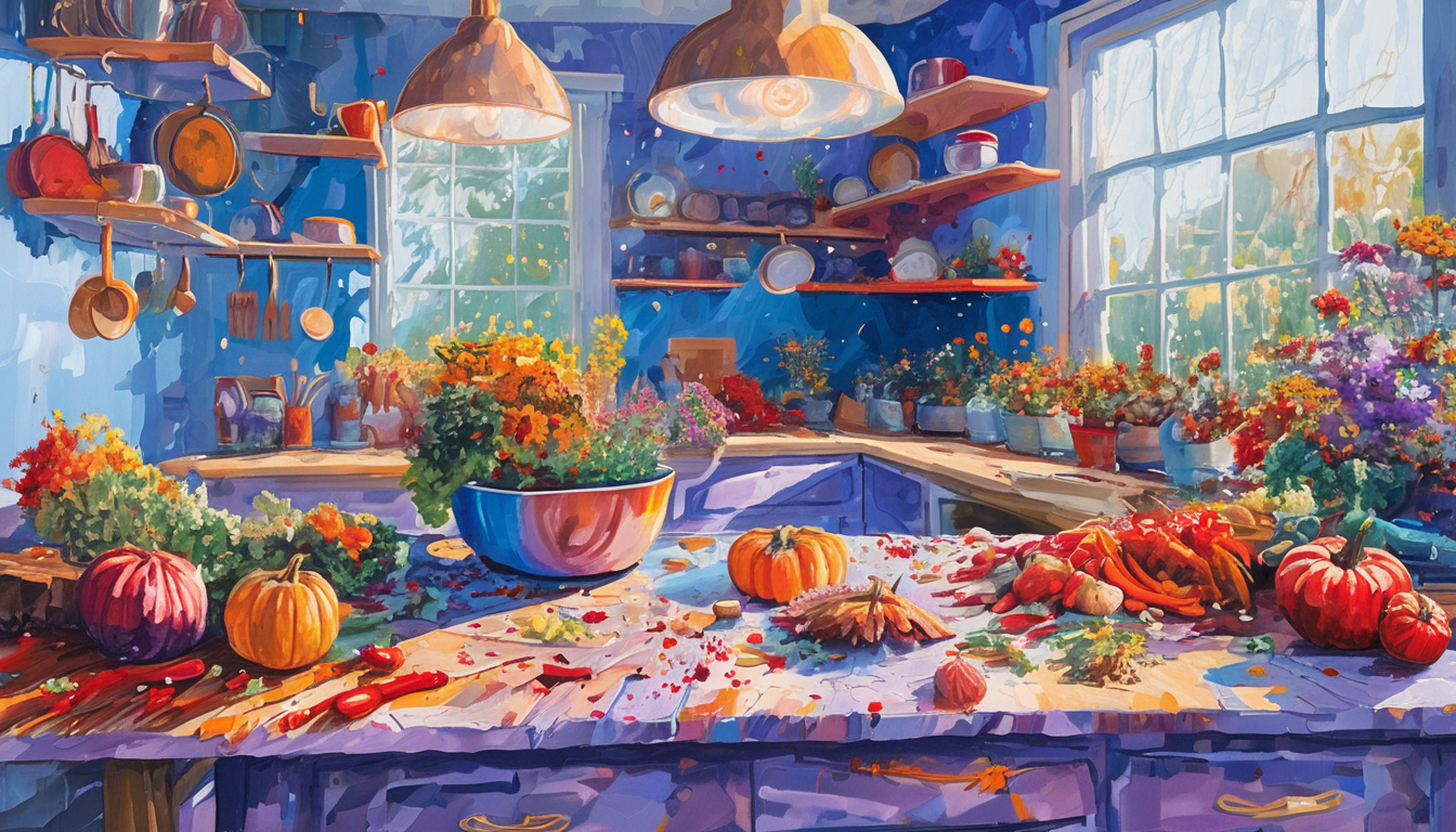 creative, cooking, garden works, flowers, plants, friendly, social, helpful. orange, red, yellow colour palette, autumn vibe. with the aspect dyslexia