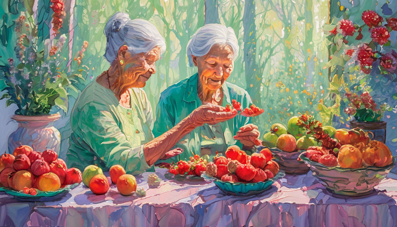 voluntary work, catering, fruit bites, garden works for elderly, communication with neighbours, busy bee, energetic, heartwarming, sweet, kind, green and red focussed palette. with the aspect high sensitivity