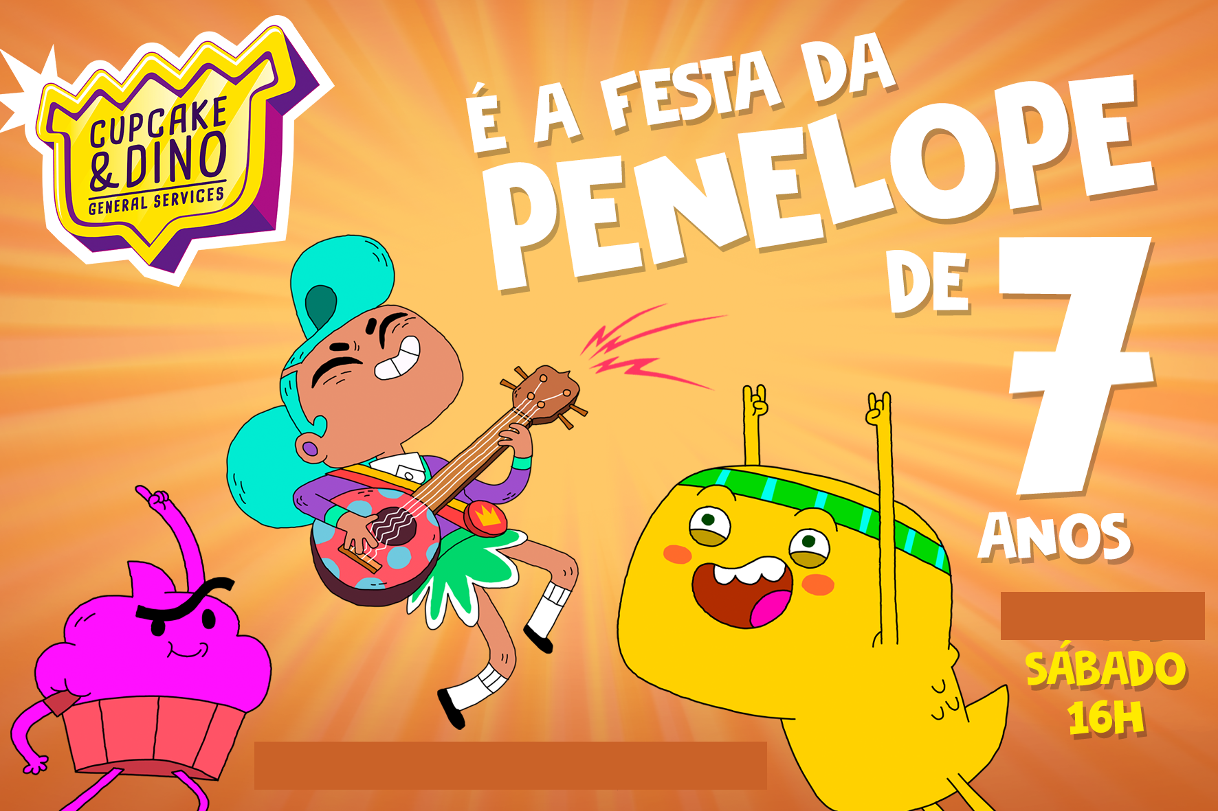 Convite para festa de 7 anos, com o tema "Cupcake & Dino"