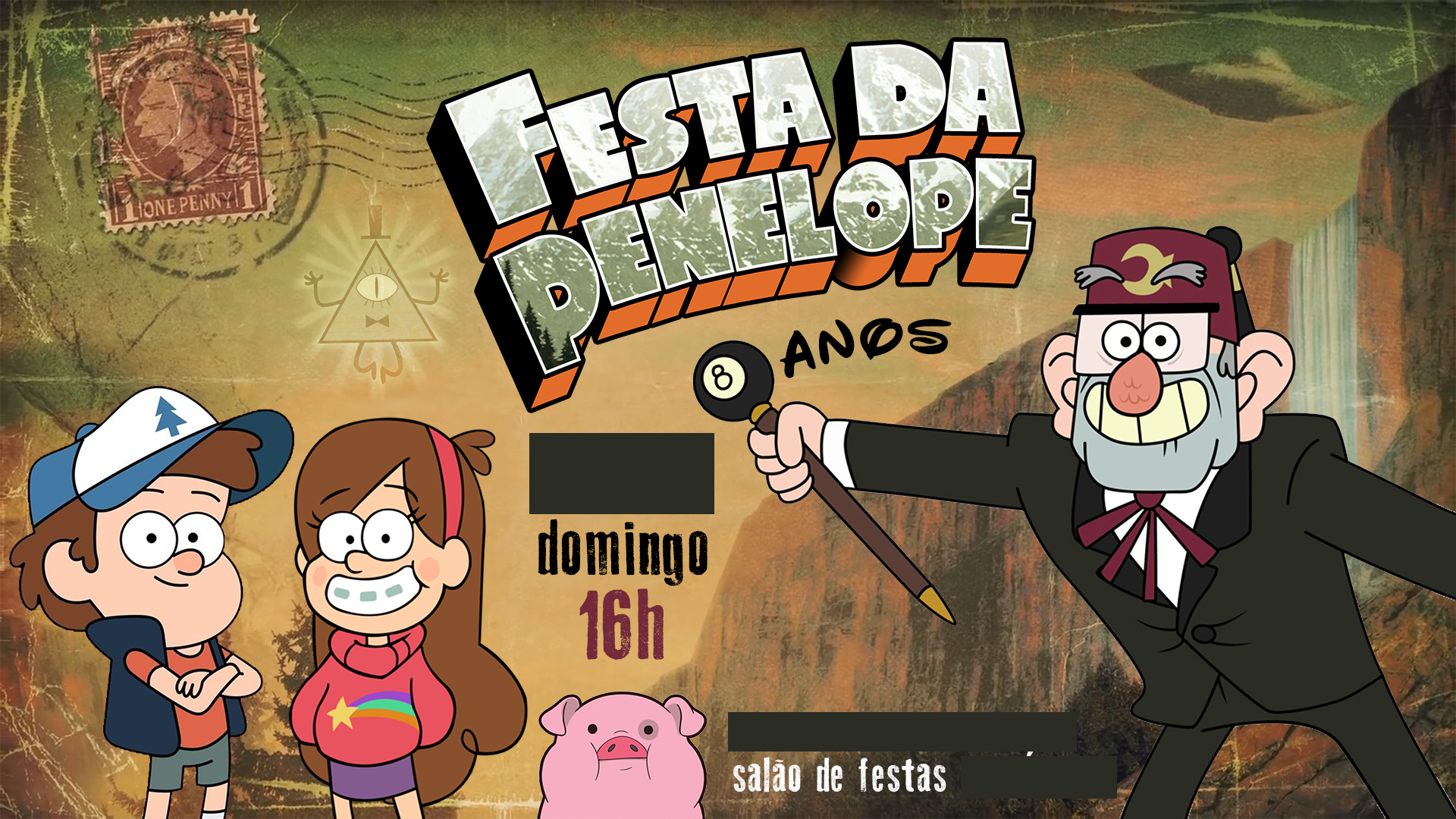Convite para festa de 8 anos, com o tema "Gravity Falls"