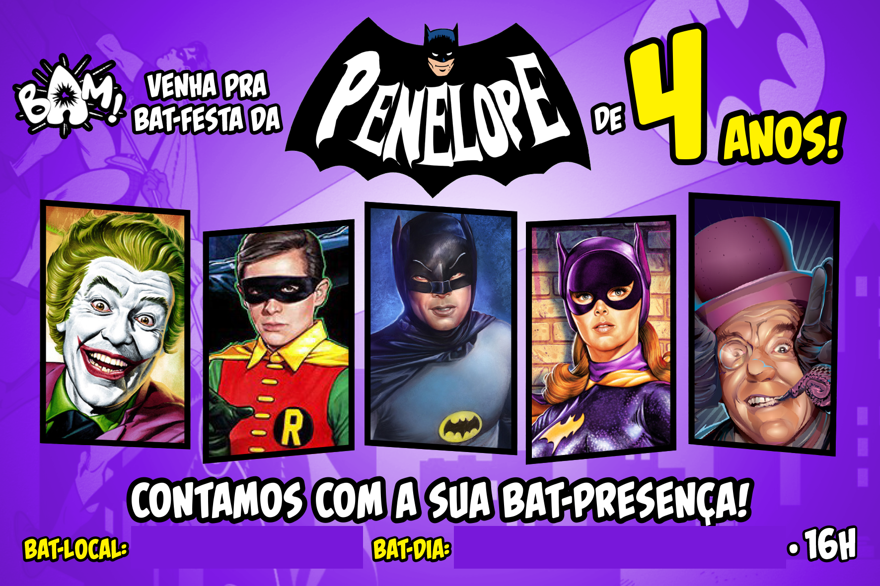 Convite para festa de 4 anos, com o tema "Batman dos anos 60"
