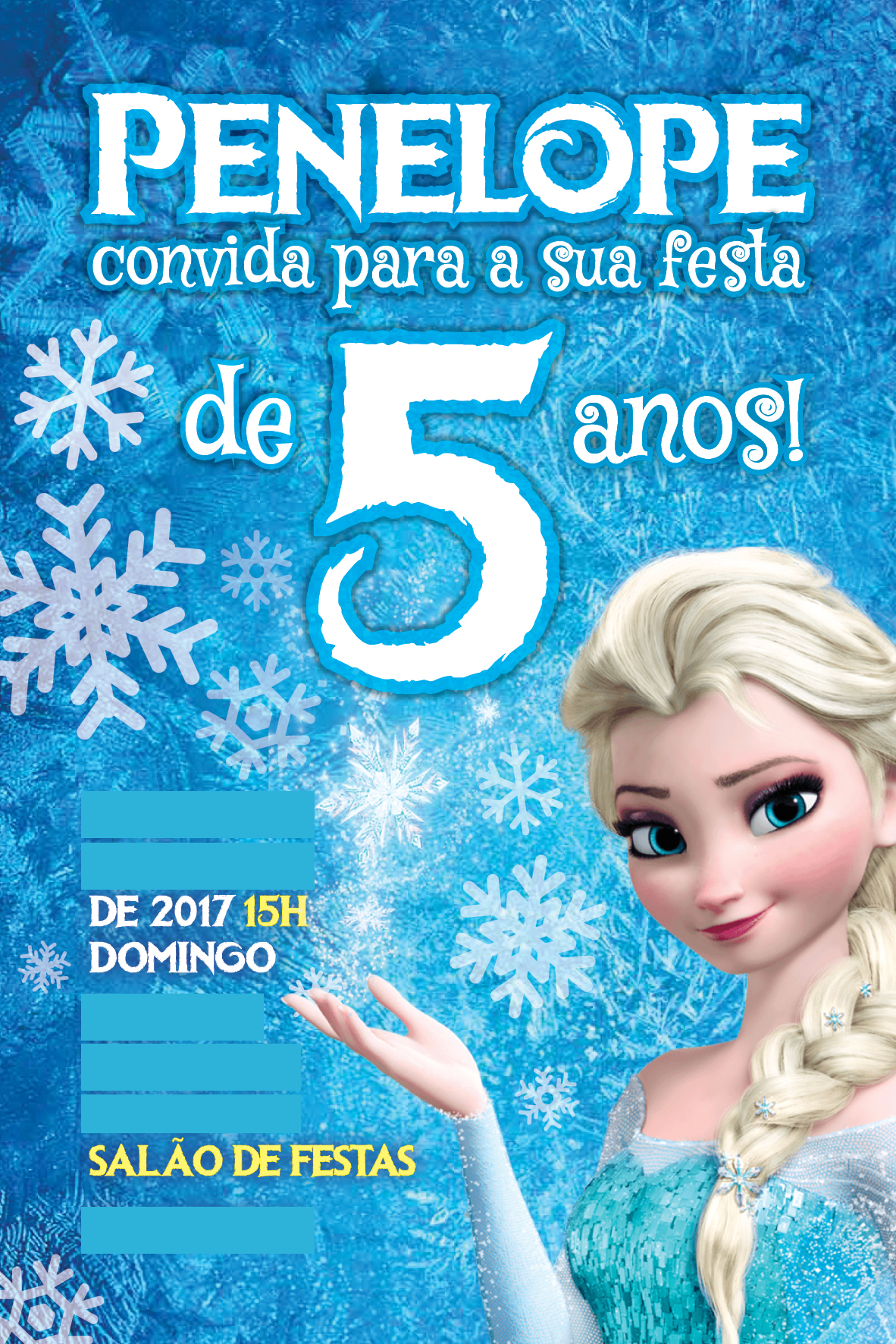 Convite para festa de 5 anos, com o tema "Frozen"