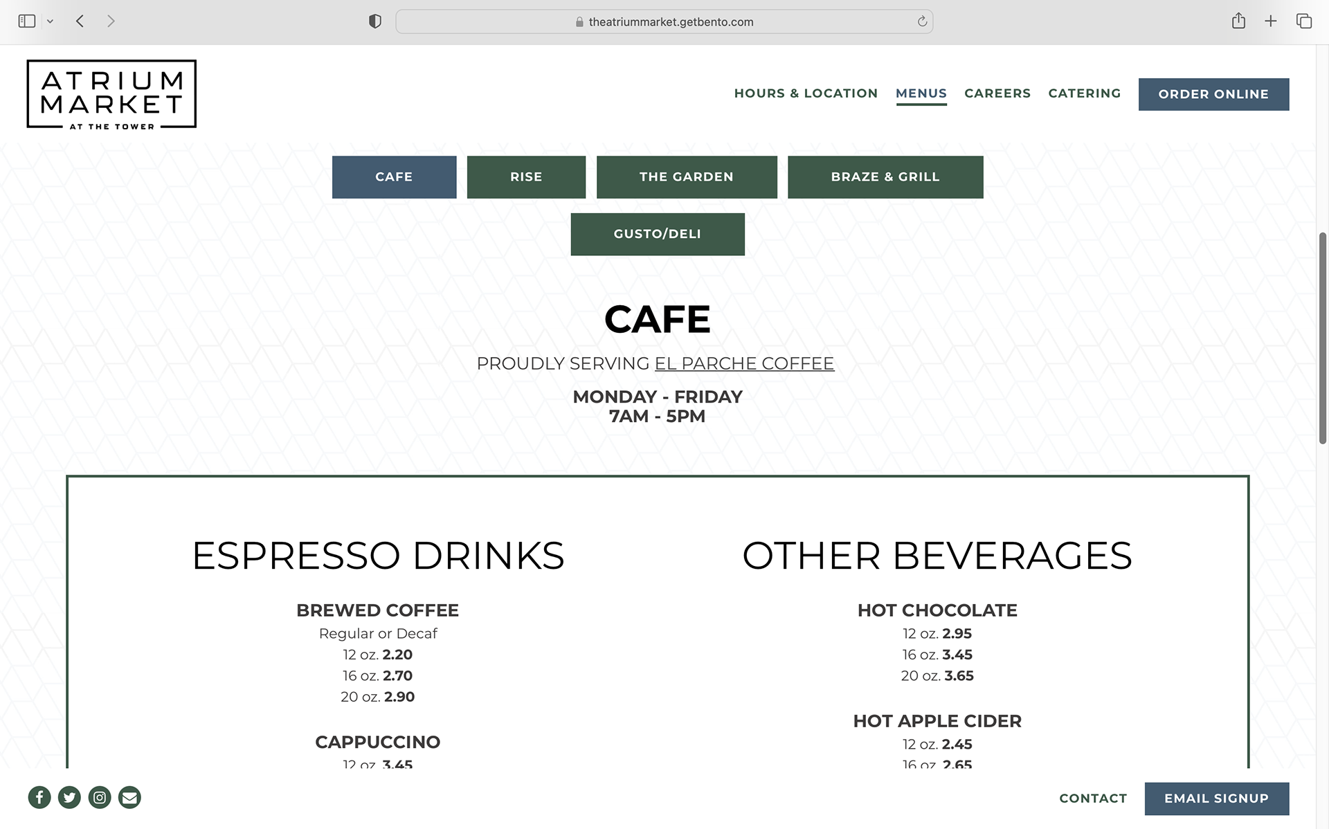Menus page, with Cafe menu section selected