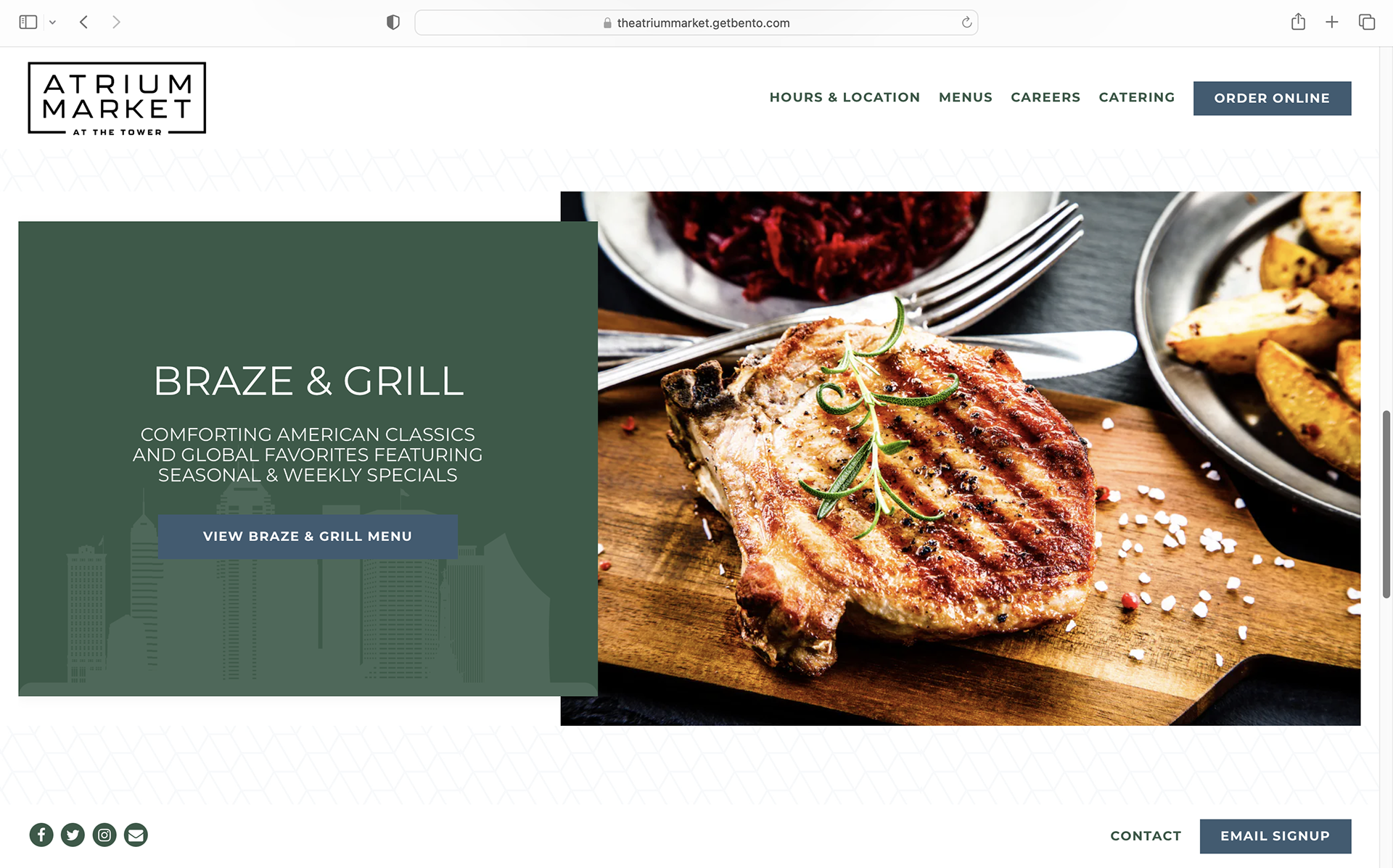 Home page, below the fold each restaurant section alternates R/L with image and description