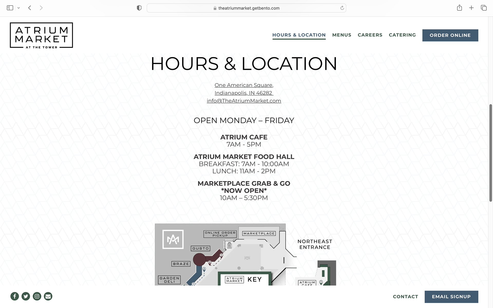 Hours & Location, below the fold you get detailed information and a key map of the building layout