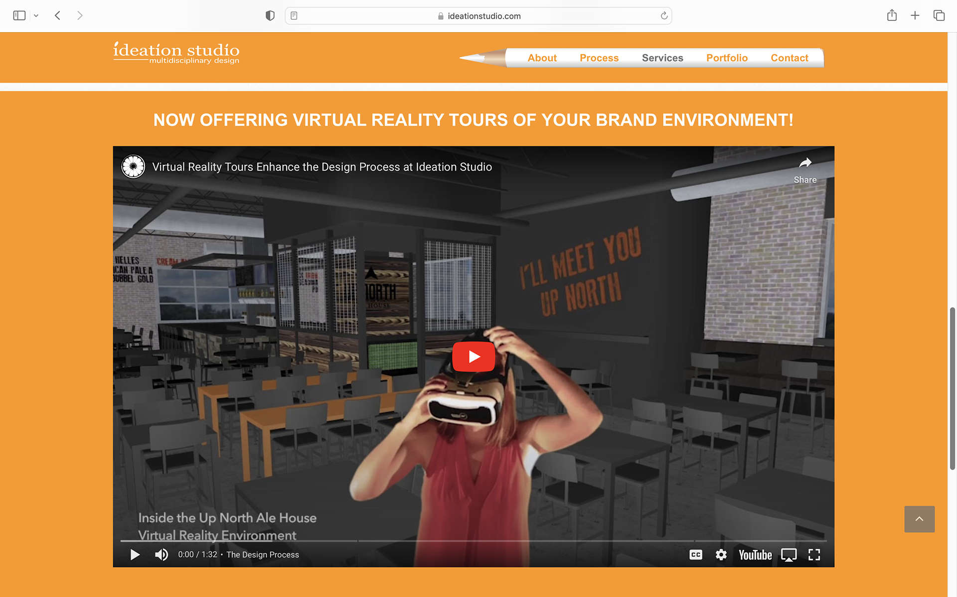 After incorporating Virtual Reality into the interior design review process, I created a video to show what this process was like for clients—then added this video to Ideation's website by embedding the YouTube video and highlighting this new feature with a large bold section on the Services page