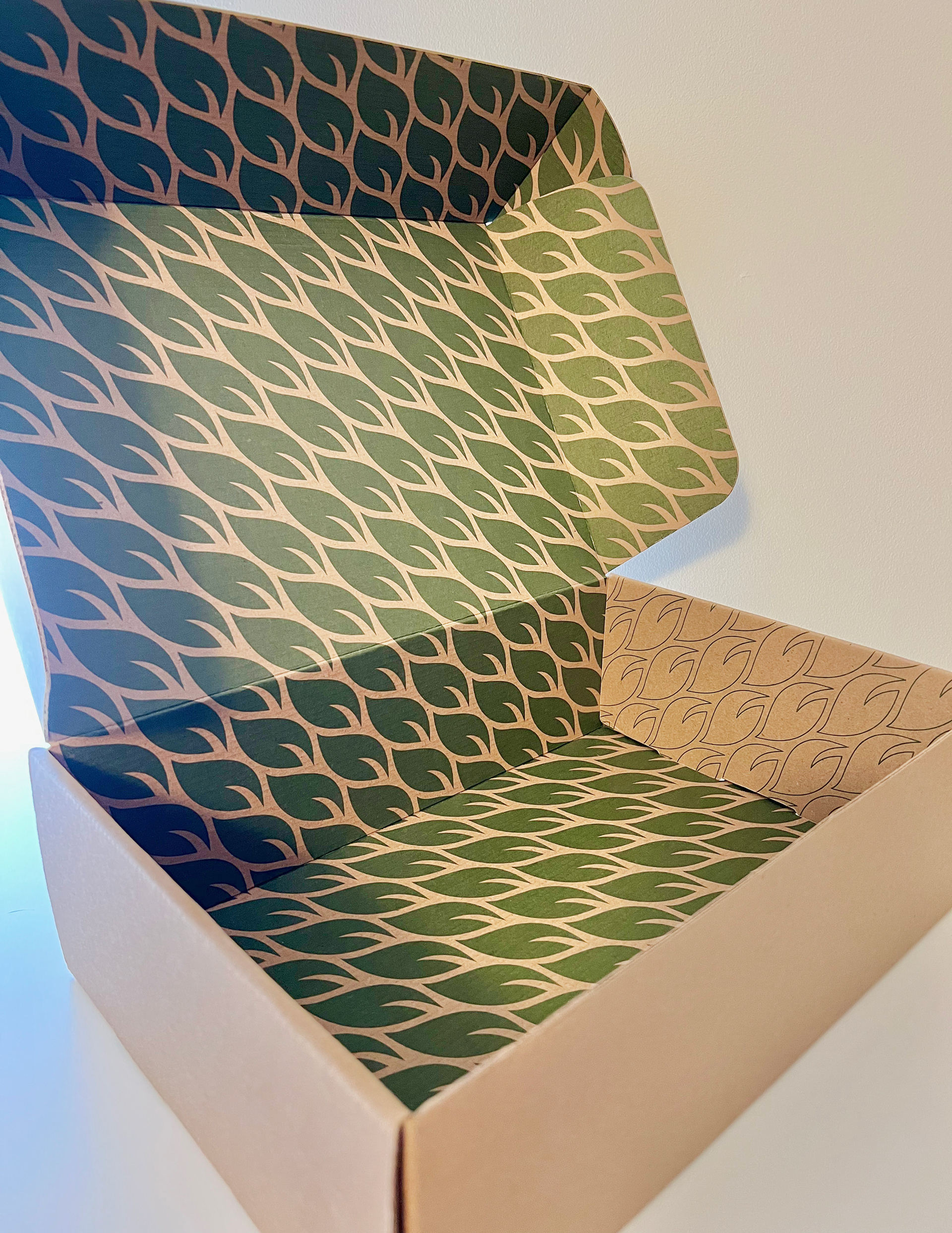 The inside of the box features a repeating leaf pattern from the Quest logo