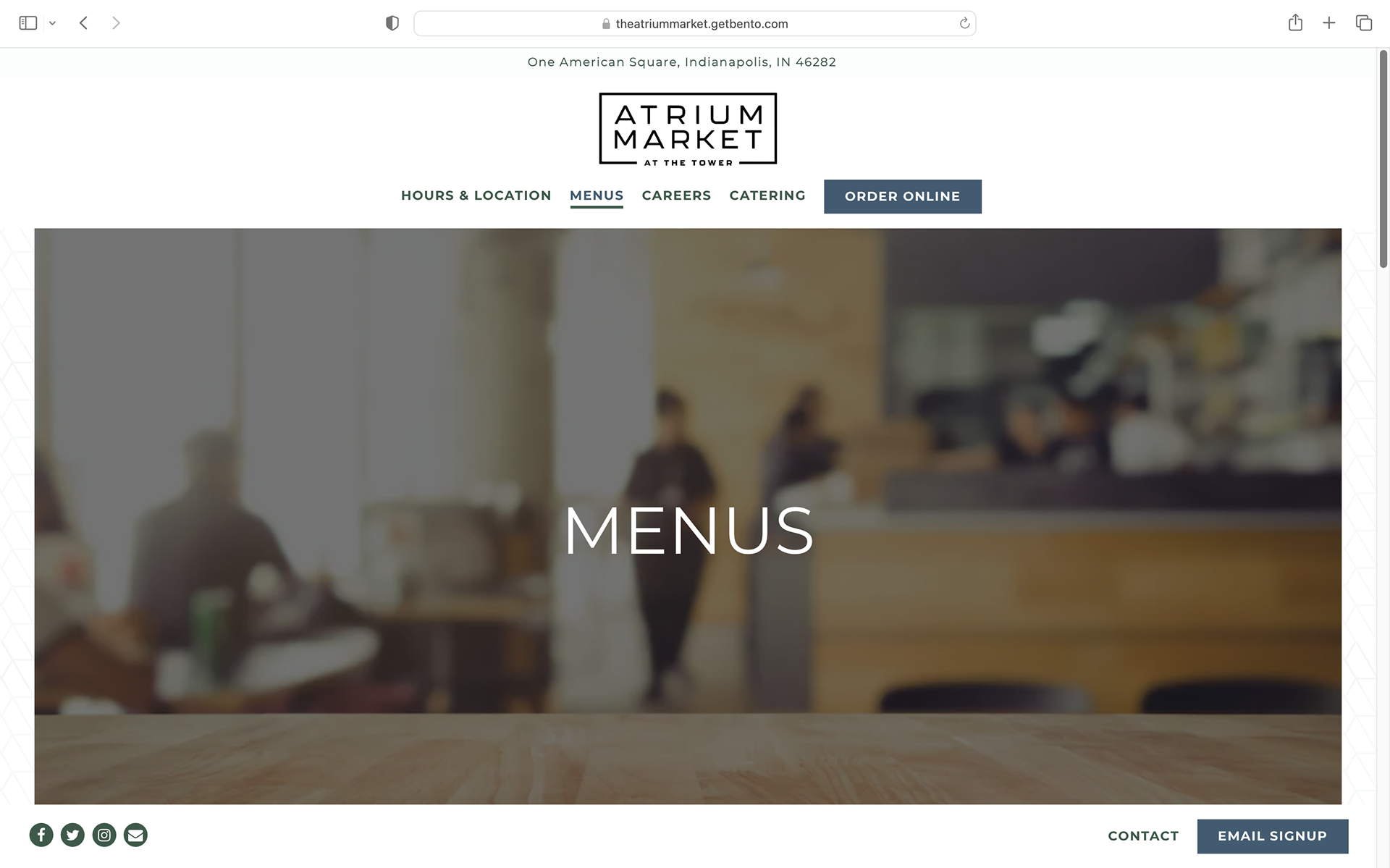 Menus page, above the fold