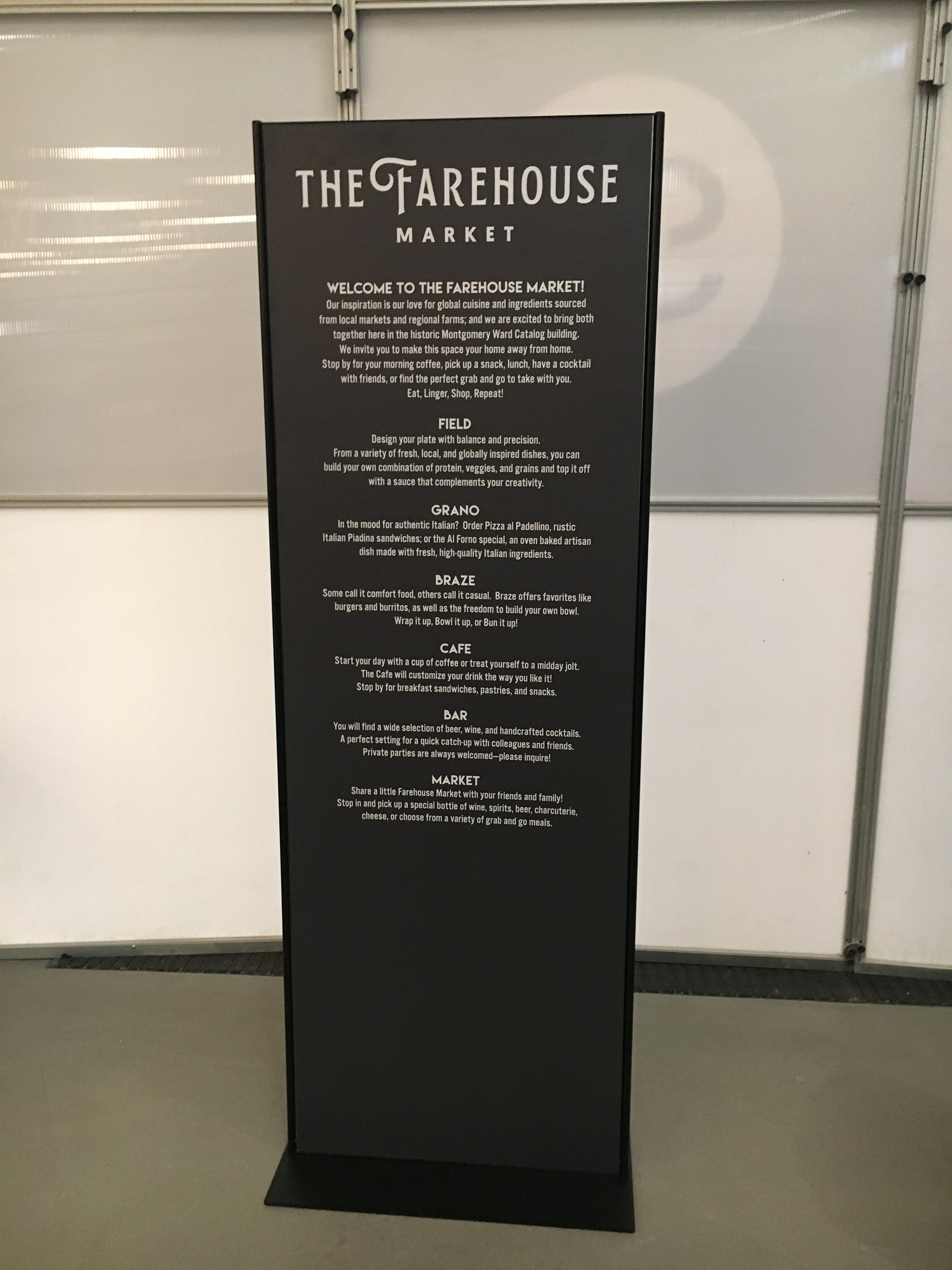 Printed panel introducing The Farehouse Market and each restaurant component