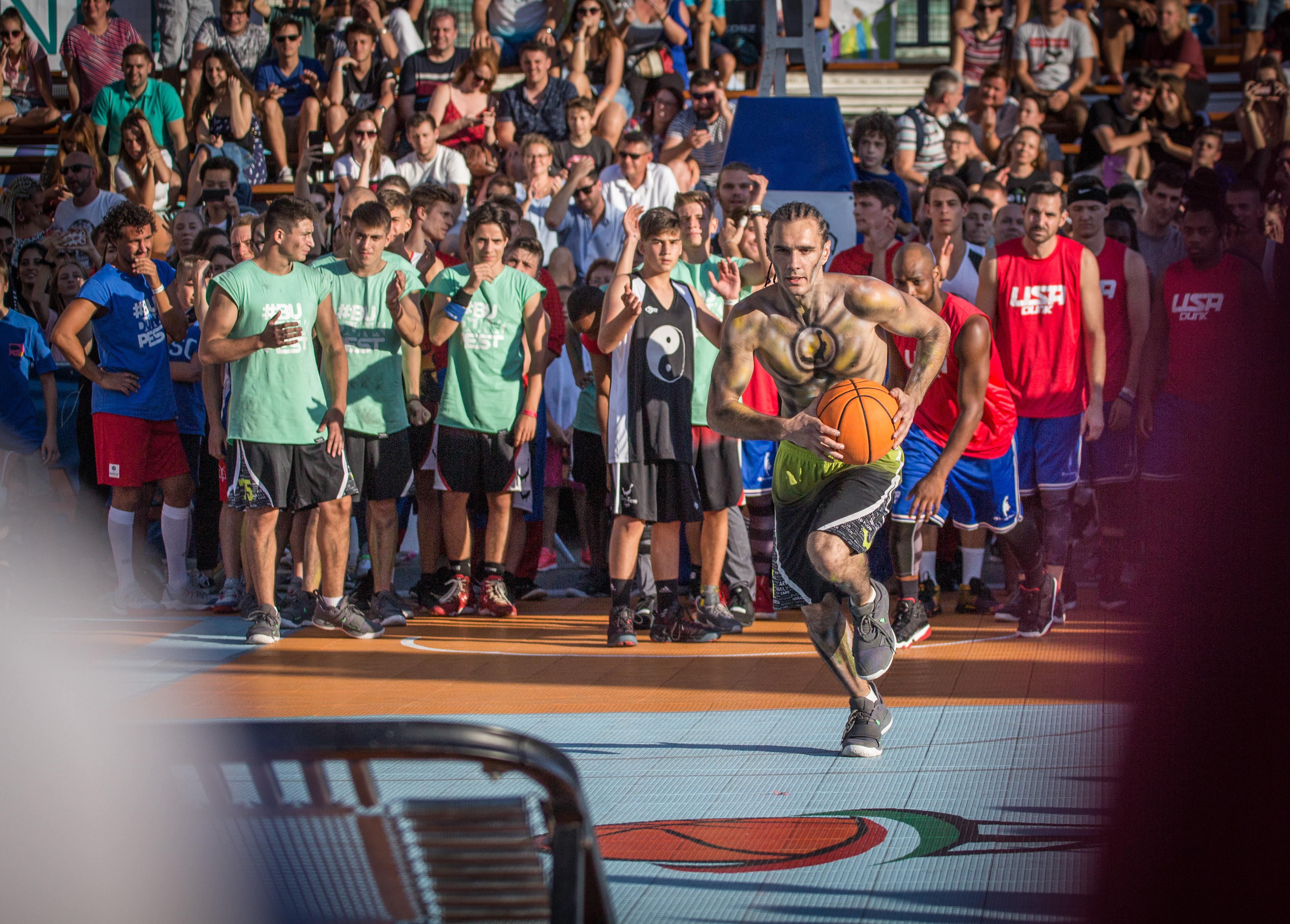 Dunker Kovács Gergely competes for the Hungarian acrobatic Face Team during the Budunkpest competition, an annual dunking competition held in Heroes Square, Budapes
