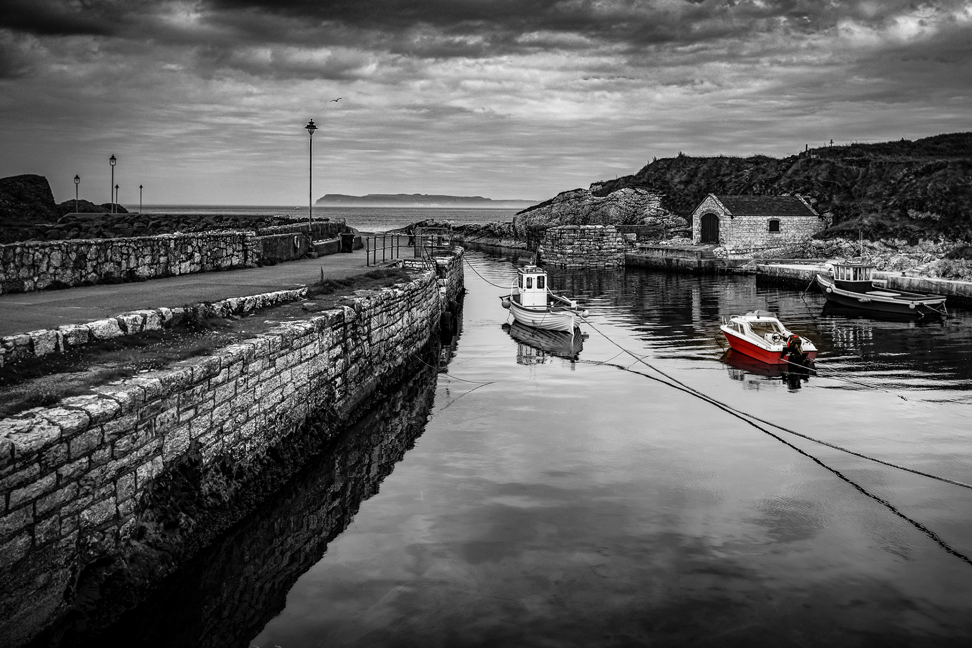 Ballintoy Harbour Boats BnW