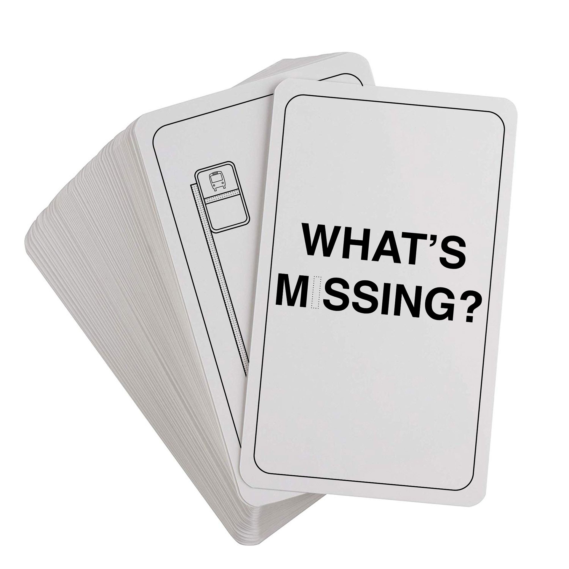Stack of cards with two visible at the top: first reads "What's Missing?", second has an image of a bus stop